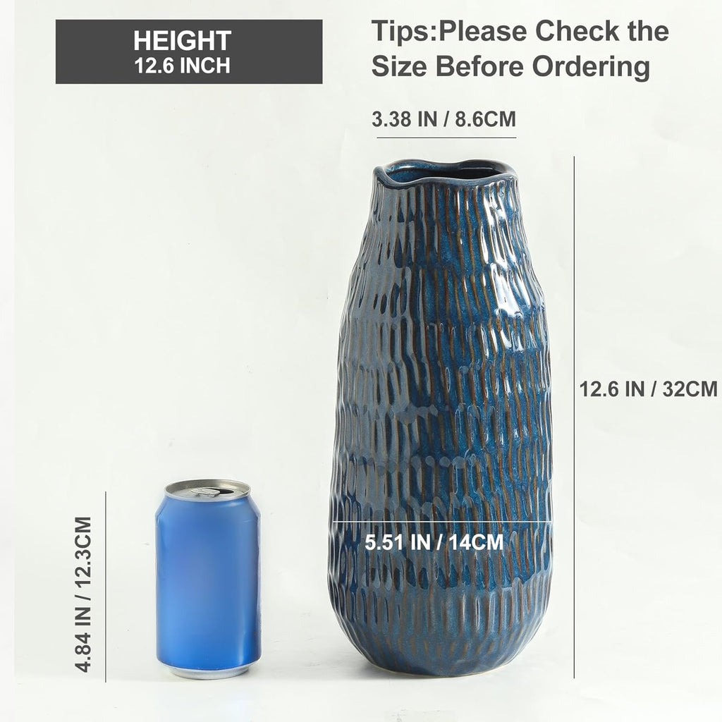 Blue Ceramic Vase for Home Decor, 12.6 Inch Tall Flower Vase with Modern Textured Finish,Decorative Floor Vase for Pampas Grass, Entryway, Living Room, Dining Table, Farmhouse or Office