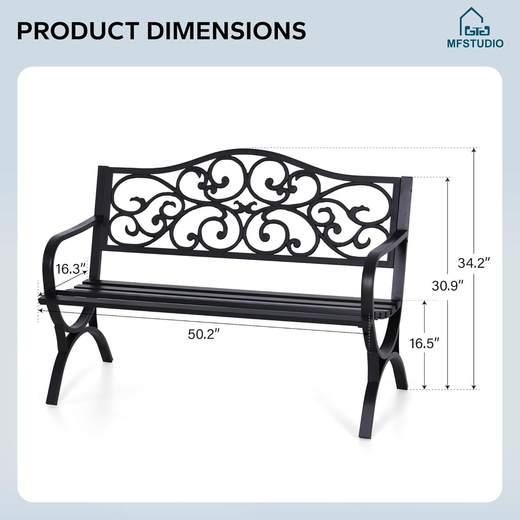 MFSTUDIO 50 Inches Outdoor Garden Bench, Cast Iron Metal Frame Patio Park Bench with Floral Pattern Backrest, Arch Legs for Porch Lawn Garden Yard(Black)