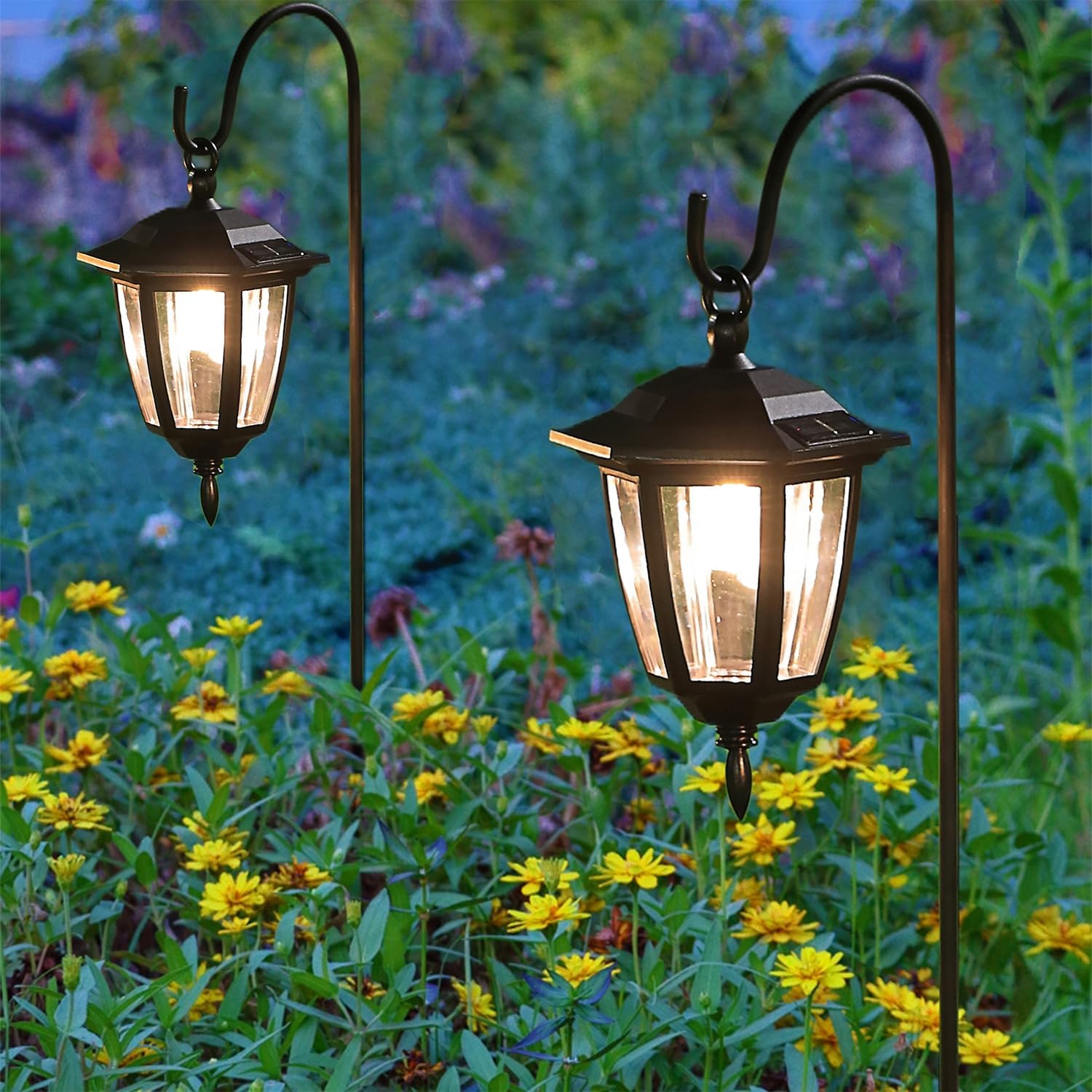 Dynaming 6 Pack Solar Hanging Lights Outdoor, Solar Powered Garden Decorative Lanterns with 6 x 38 Inch Shepherd Hooks, Waterproof Landscape Lighting for Lawn Patio Yard Pathway Driveway, Warm White