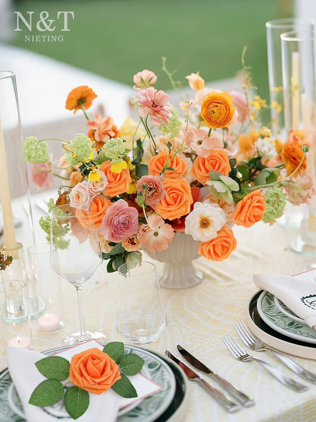 N&T NIETING Artificial Flowers Glowing Burnt Orange Flowers Foam 25pcs Glitter Roses Real Looking Fake Roses with Stem for DIY Wedding Bouquets Centerpieces Bridal Shower Party Home Decorations