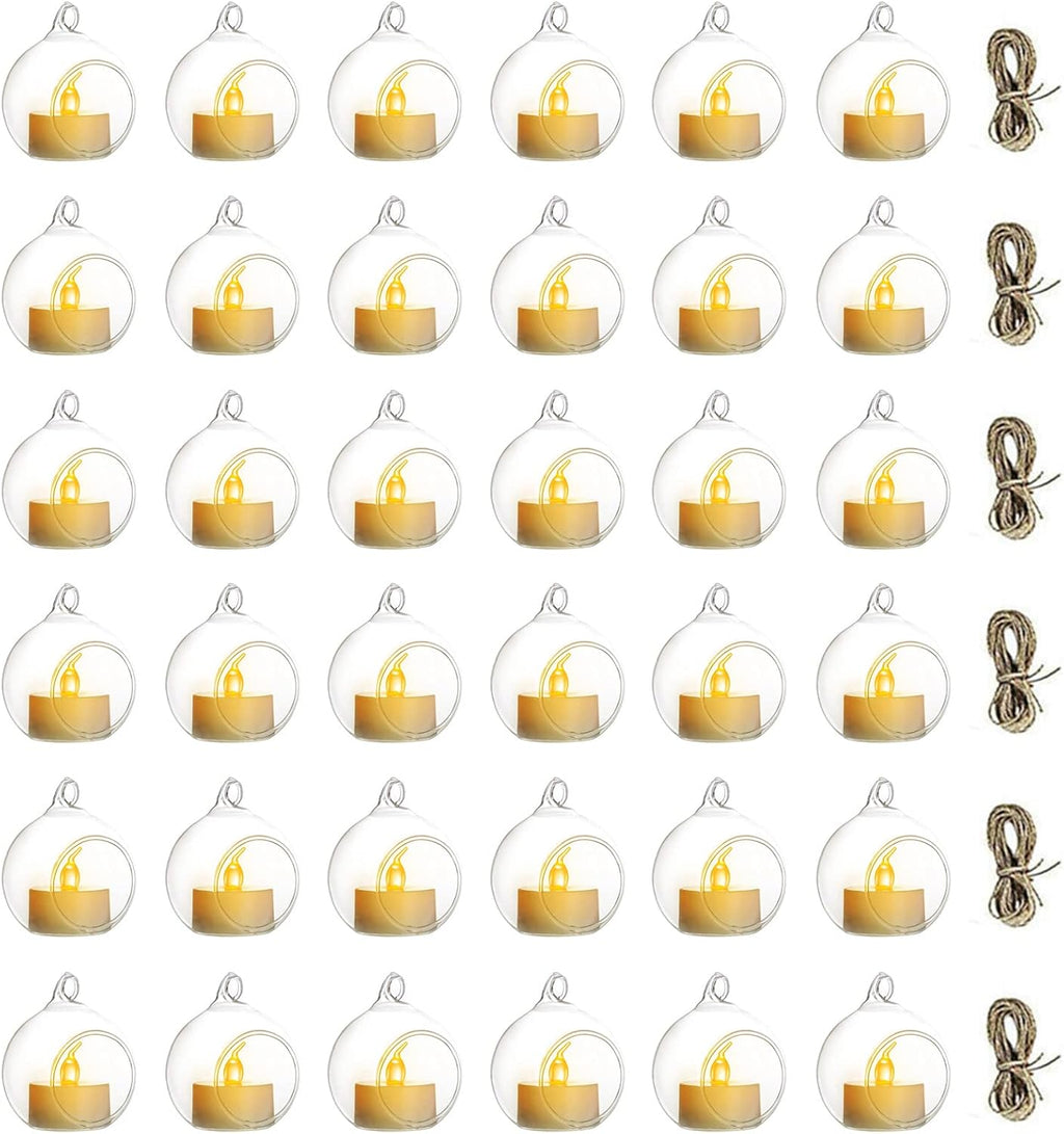 NUPTIO Mini Hanging Glass Tealight Globe Candle Holder with LED Candle, 2.36 Inches Diameter, Wedding Party Tree Decoration (36 Pcs)