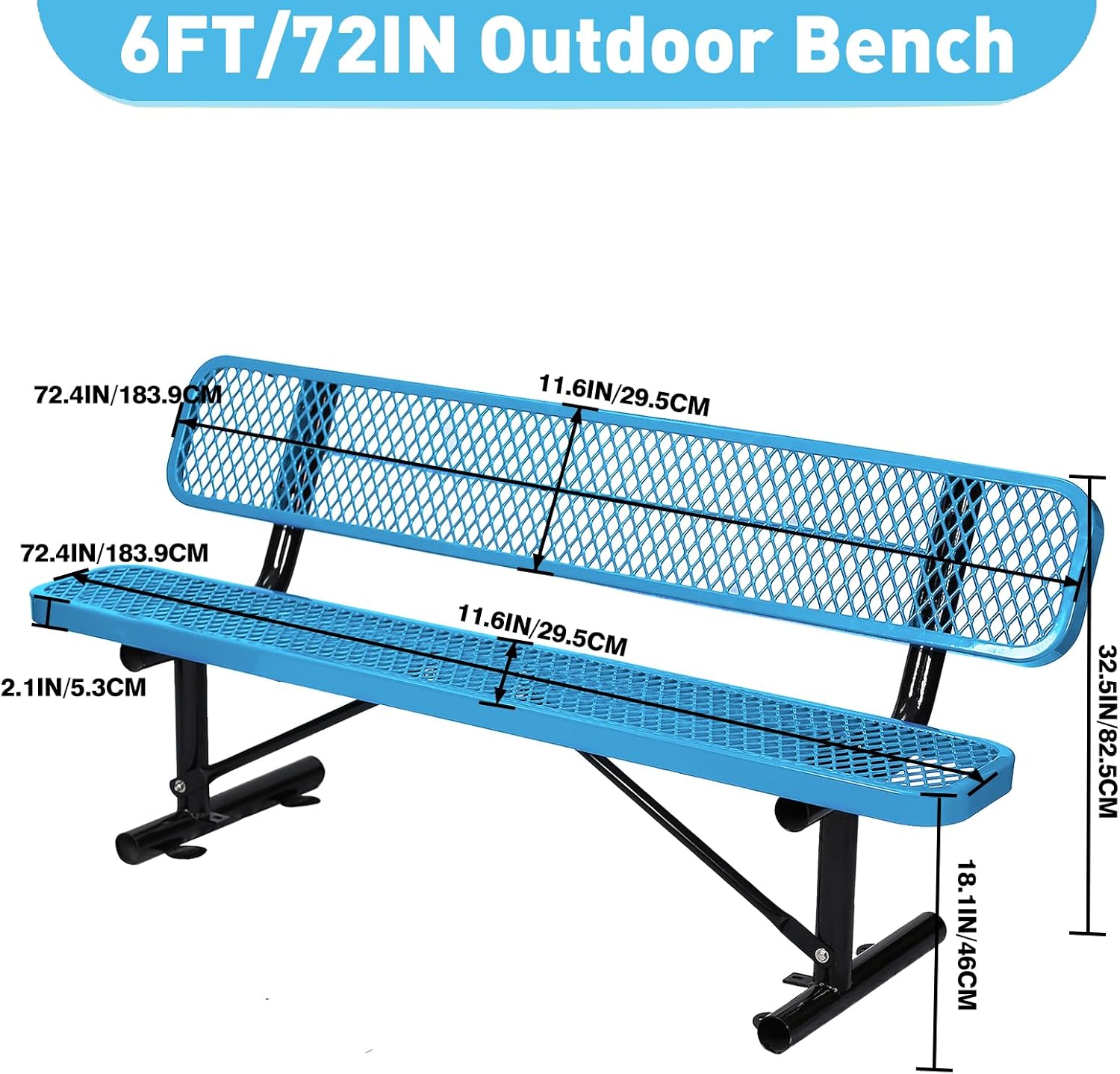 6Ft Outdoor Bench with Back Portable Frame, Outdoor Steel Park Bench with Backrest, Expanded Metal Mesh Bench for Outside, Lawn, Backyard, Park, Garden, Patio, Porch, Blue