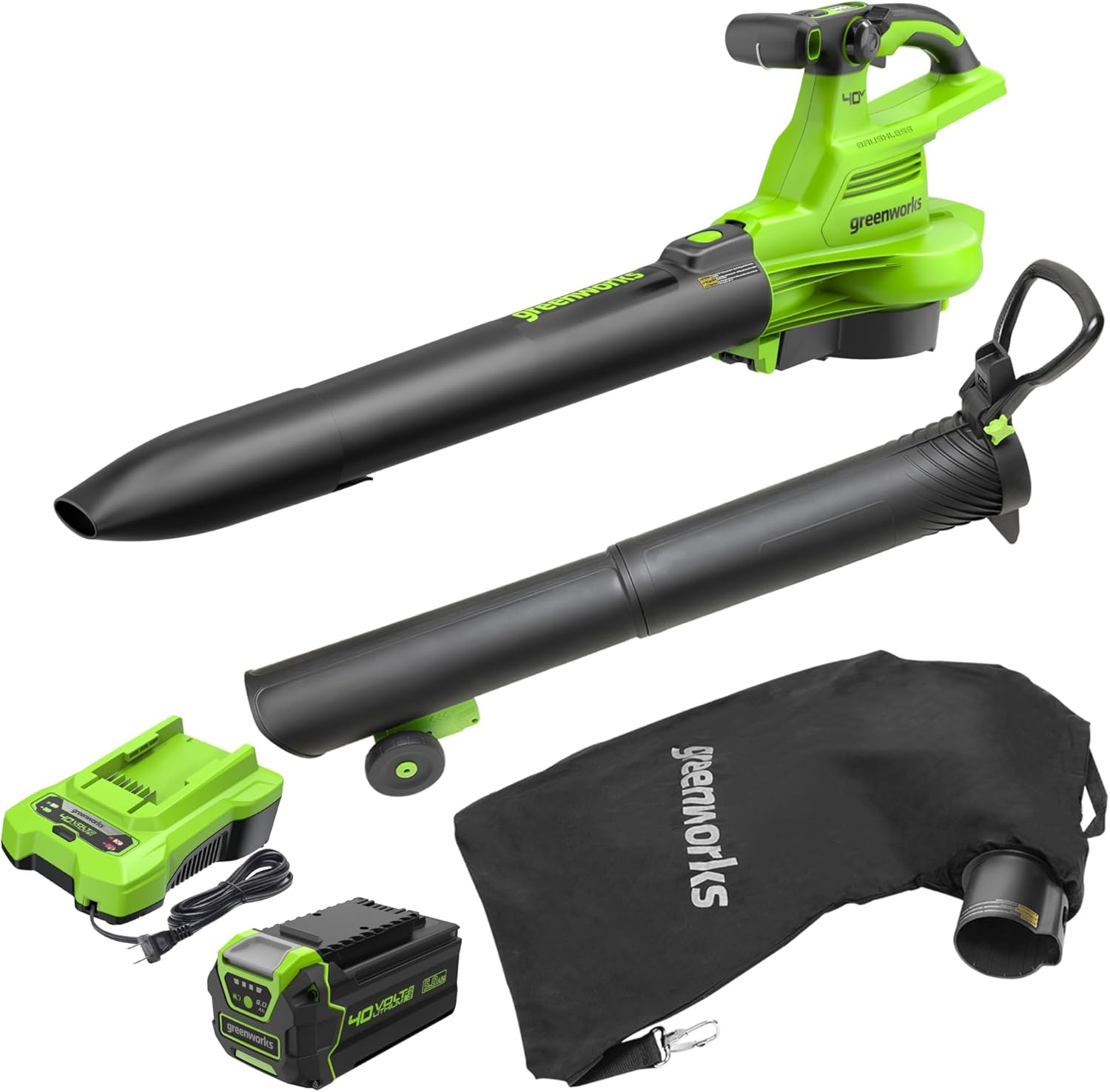 Greenworks 40V (230 MPH / 505 CFM) Cordless Brushless Leaf Blower/Vacuum with Bag, High Power, Lightweight & Quiet for Yard Debris Cleanup, Includes 5.0Ah Battery & Charger