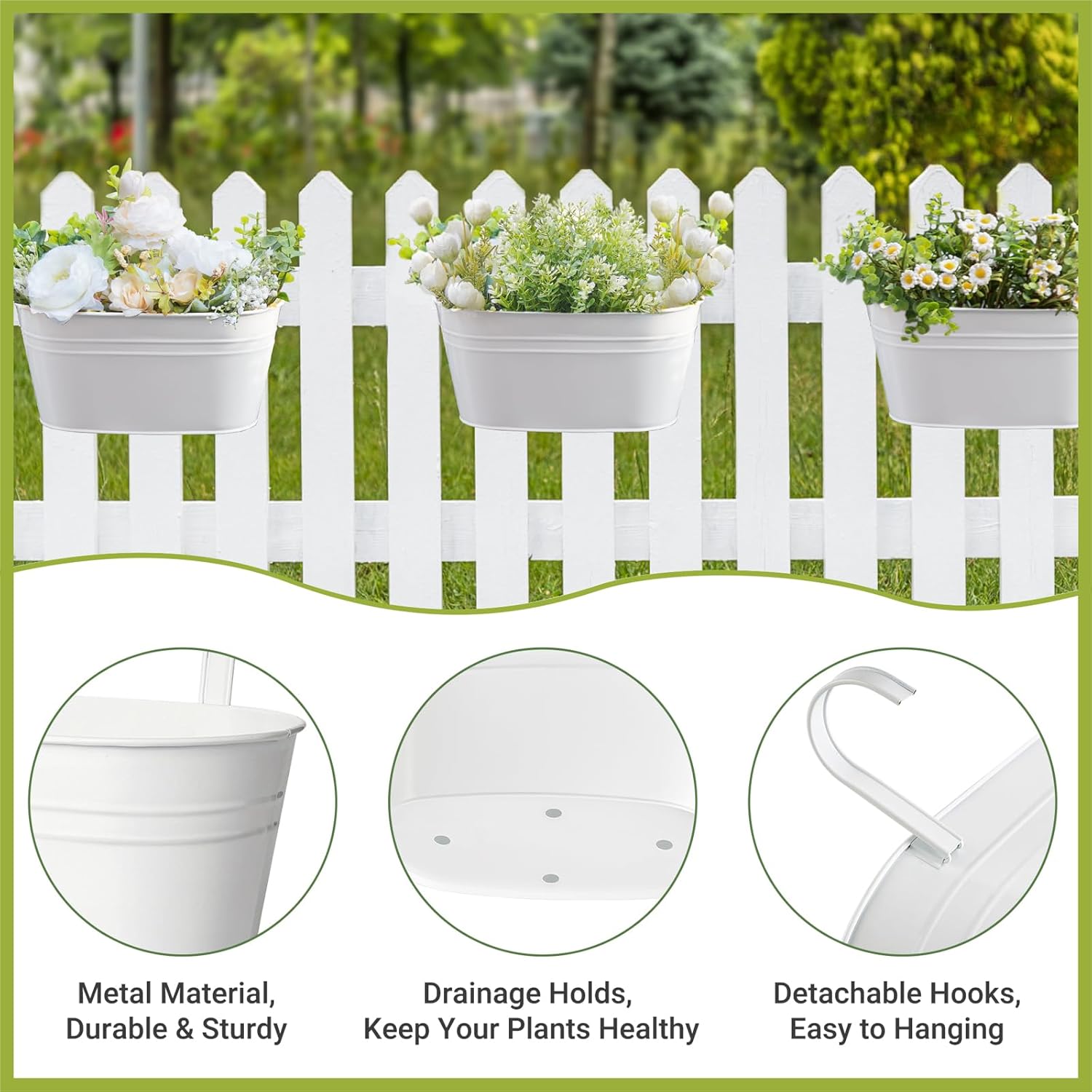 Dahey Metal Iron Hanging Flower Pots for Railing Fence Hanging Bucket Pots Countryside Style Window Flower Plant Holder with Detachable Hooks Home Decor,White,5 Pcs