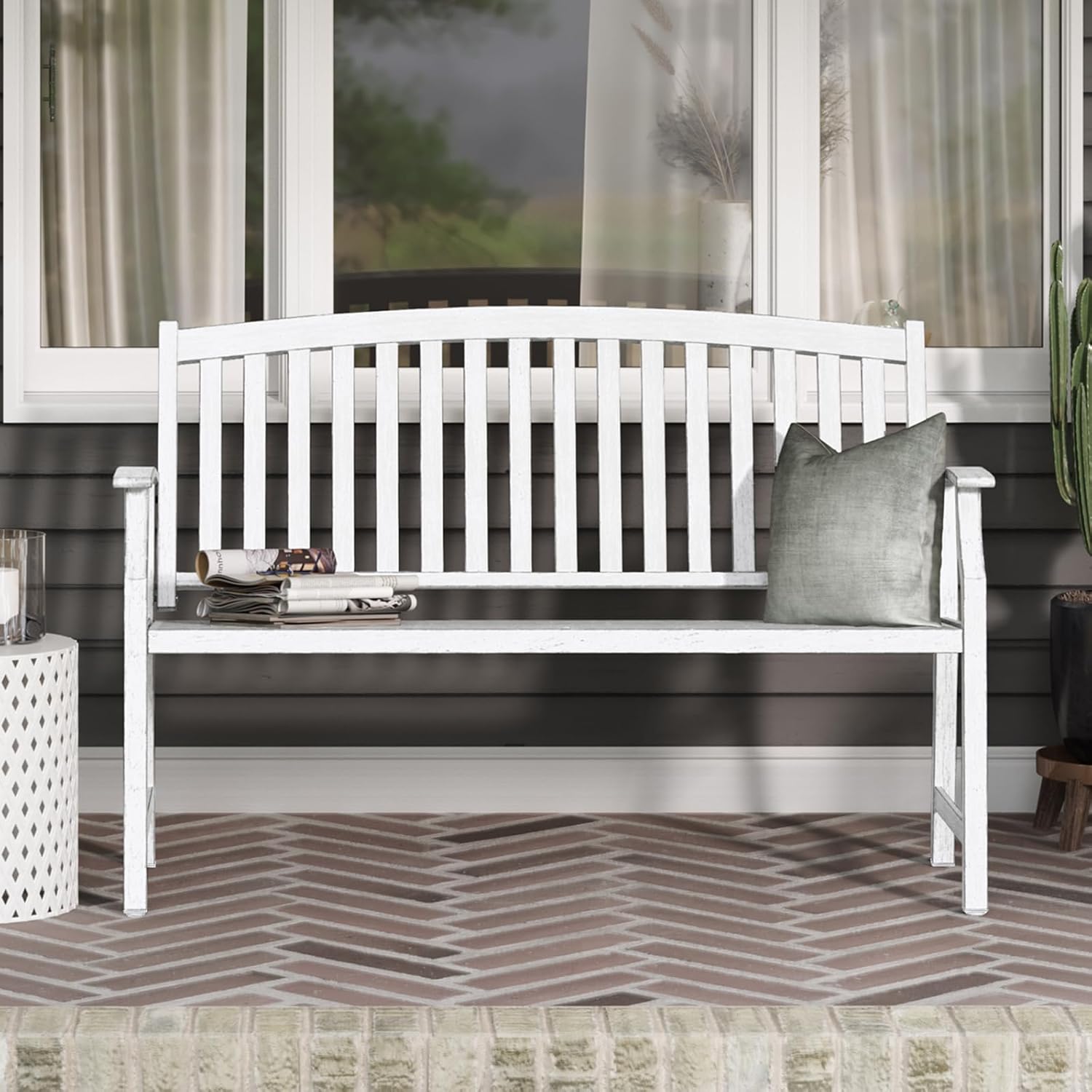 Grand patio 52" Farmhouse Outdoor Bench, Garden Benches with Rust Free Metal Powder Coated Frame and Aluminum Backrest, Faux Wood Grain Finish Frame Patio Bench for Front Porch,Gray-White