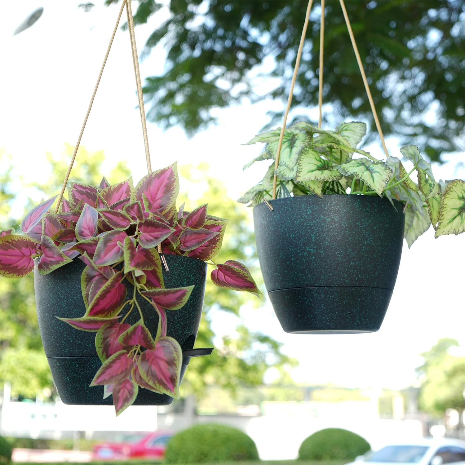 10 Inch Self Watering Hanging Pots, 2 Pack Hanging Planters with 40oZ Deep Reservior for Indoor Outdoor Plants Flowers, Black Speckles