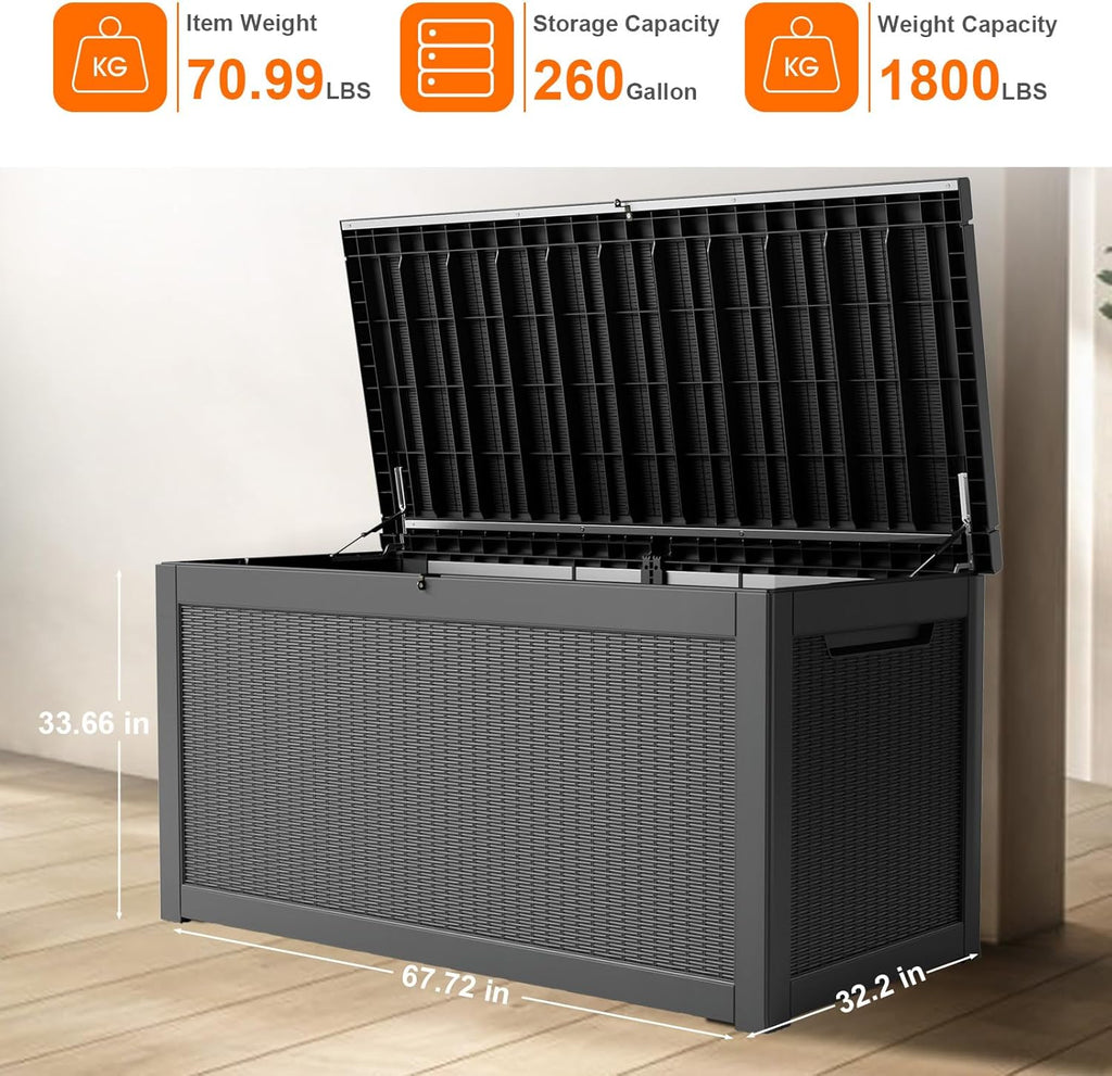 260 Gallon Resin Deck Box, Lockable Patio Outdoor Storage Box for Furniture, Garden Tools and Tools Storage, Waterproof Outside Storage Boxes - Black