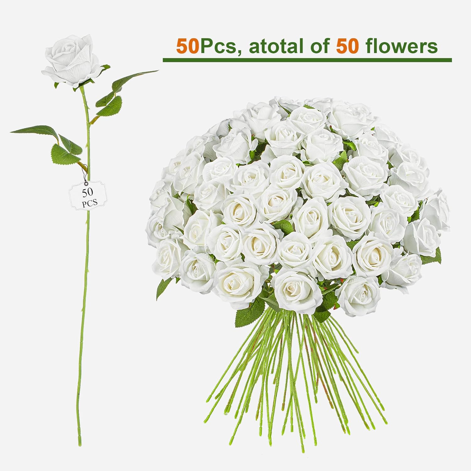 Fake Plants Roses Flowers Plastic Flowers Spring Decorations for Home Gifts for Gf Roses Artificial Flowers for Vase Fake Flowers Home Decor 19.6”(50PCS White)