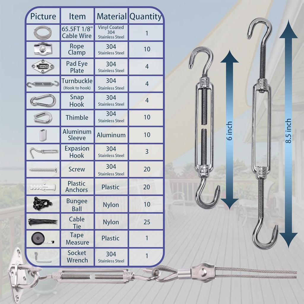 Shade Sail Hardware Kit 6 inch with 65.5FT 1/8" Wire Rope Kit for Triangle Rectangle Sun Shade Sail Outdoor Installation turnbuckles for Cables Wire for Outdoor,Garden,Kitchen,Craft,123PCS
