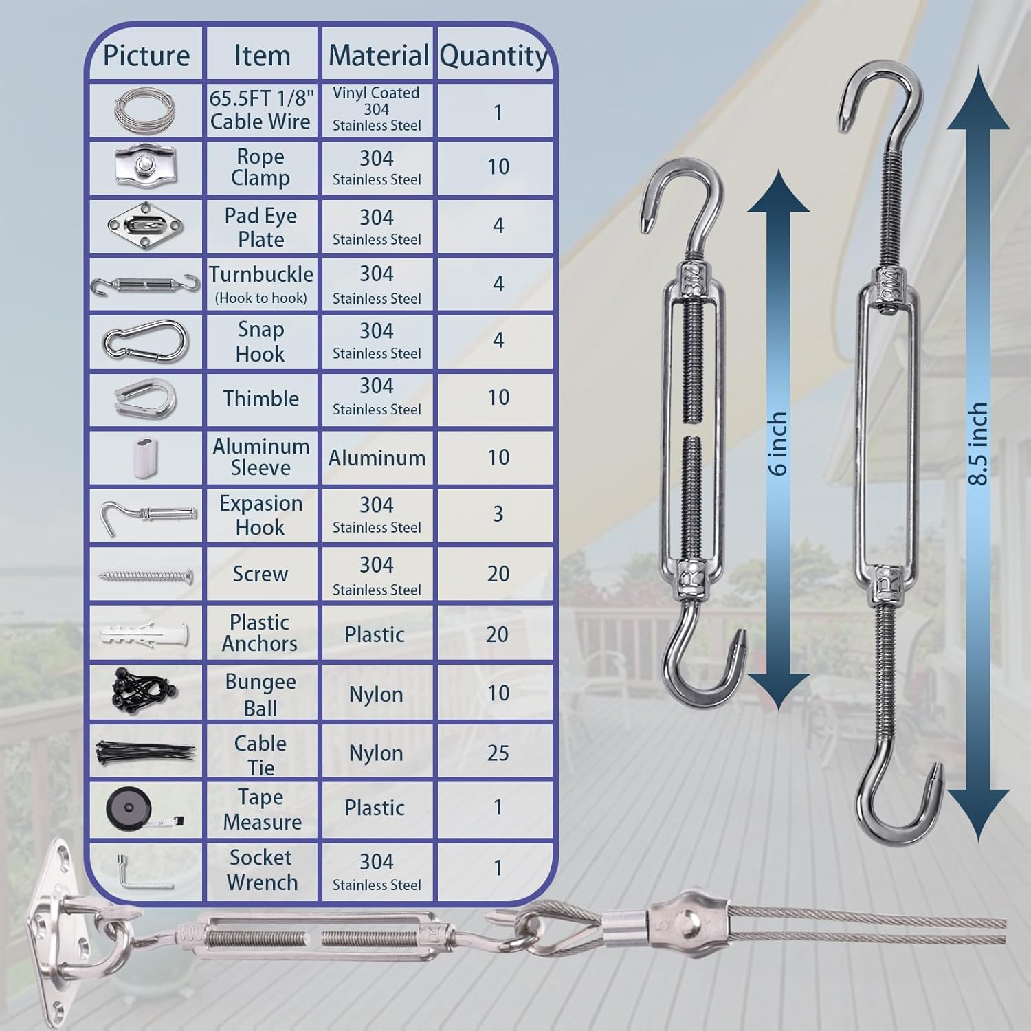 Shade Sail Hardware Kit 6 inch with 65.5FT 1/8" Wire Rope Kit for Triangle Rectangle Sun Shade Sail Outdoor Installation turnbuckles for Cables Wire for Outdoor,Garden,Kitchen,Craft,123PCS