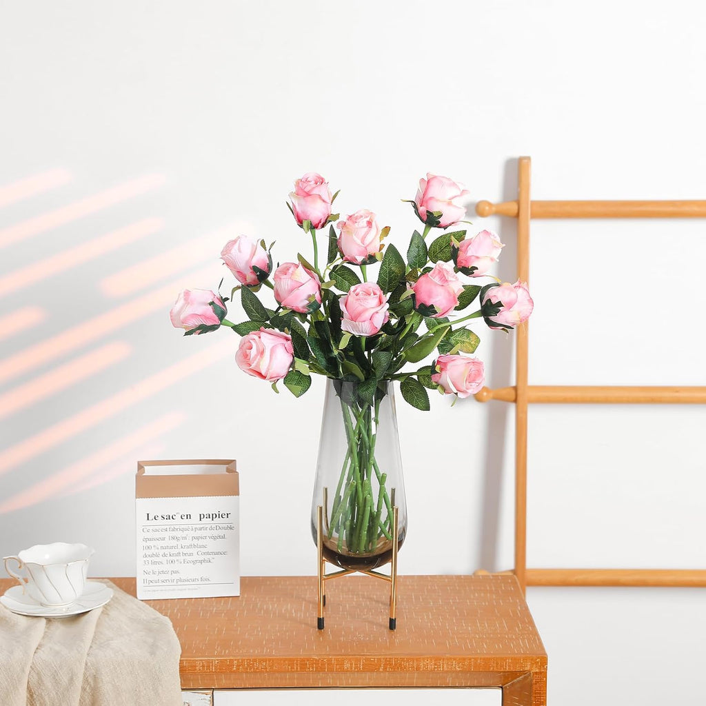 12Pcs Realistic Fake Light Pink Roses Faux Flowers with Long Stems, Artificial Silk Rose Flowers for Valentines Day Home Wedding Decor Bridal Bouquet