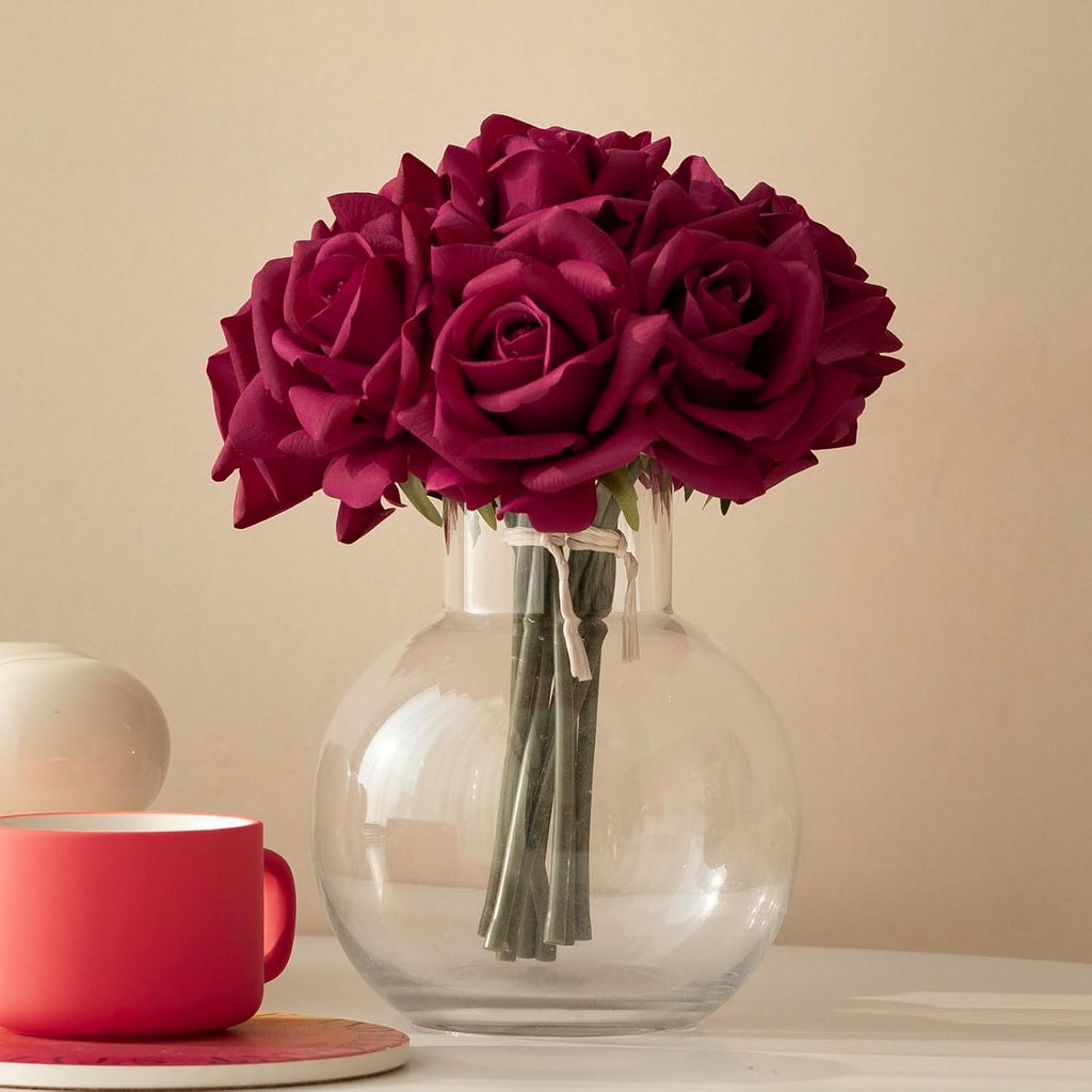 Artificial Roses Single Stem 10pcs Fake Silk Flower Arrangement Bouquet Real Touch for Home Party Wedding Decoration(Rose red)