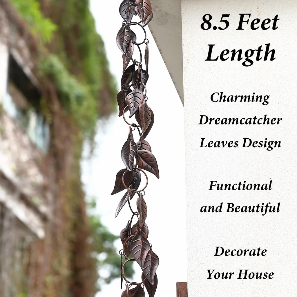 8.5 FT Rain Chain, Leaves Rain Chains for Gutters and Downspouts, Decorative Rain Chains for Outside, Metal Rain Catcher Gutter Chain Downspout, Decorate Your House and Garden, Antique Copper