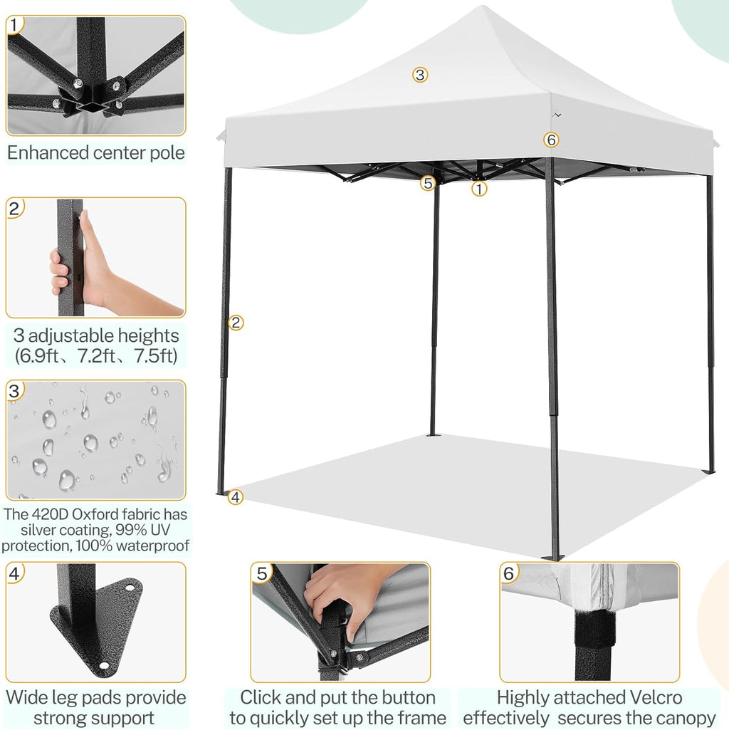 COBIZI 6.6x6.6 Pop up Canopy Tent Heavy Duty Without Sidewalls, Easy Set-up Commercial Outdoor Party Tent, 100% Waterproof Wedding Gazebo, 3 Height Adjustable with Carry Bag, White