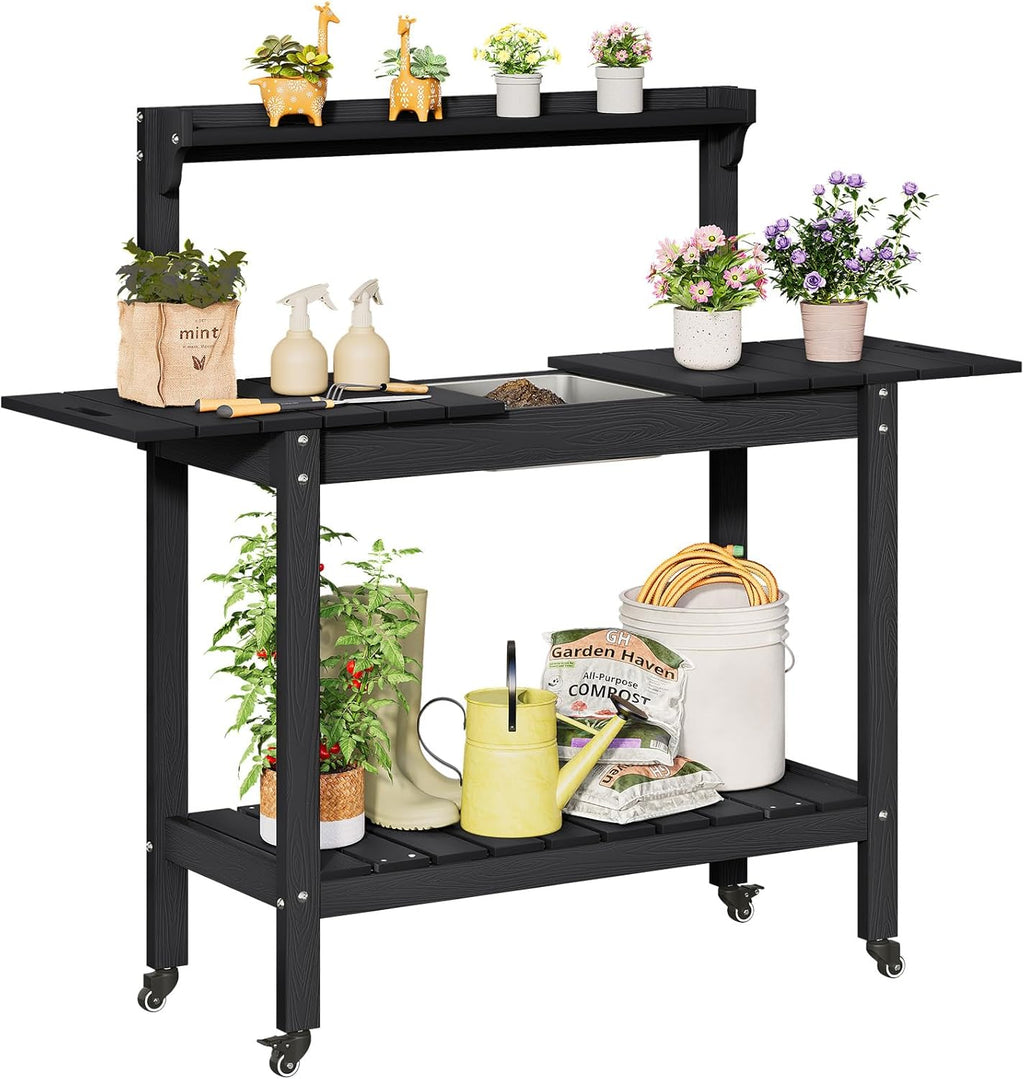HDPS Outdoor Potting Bench with Sliding Tabletop/ 4 Wheels/Removable Sink, All-Weather Outside Garden Work Table, No Rust/Fade/Break, Potting Station for Porch, Patio & Backyard (Black)