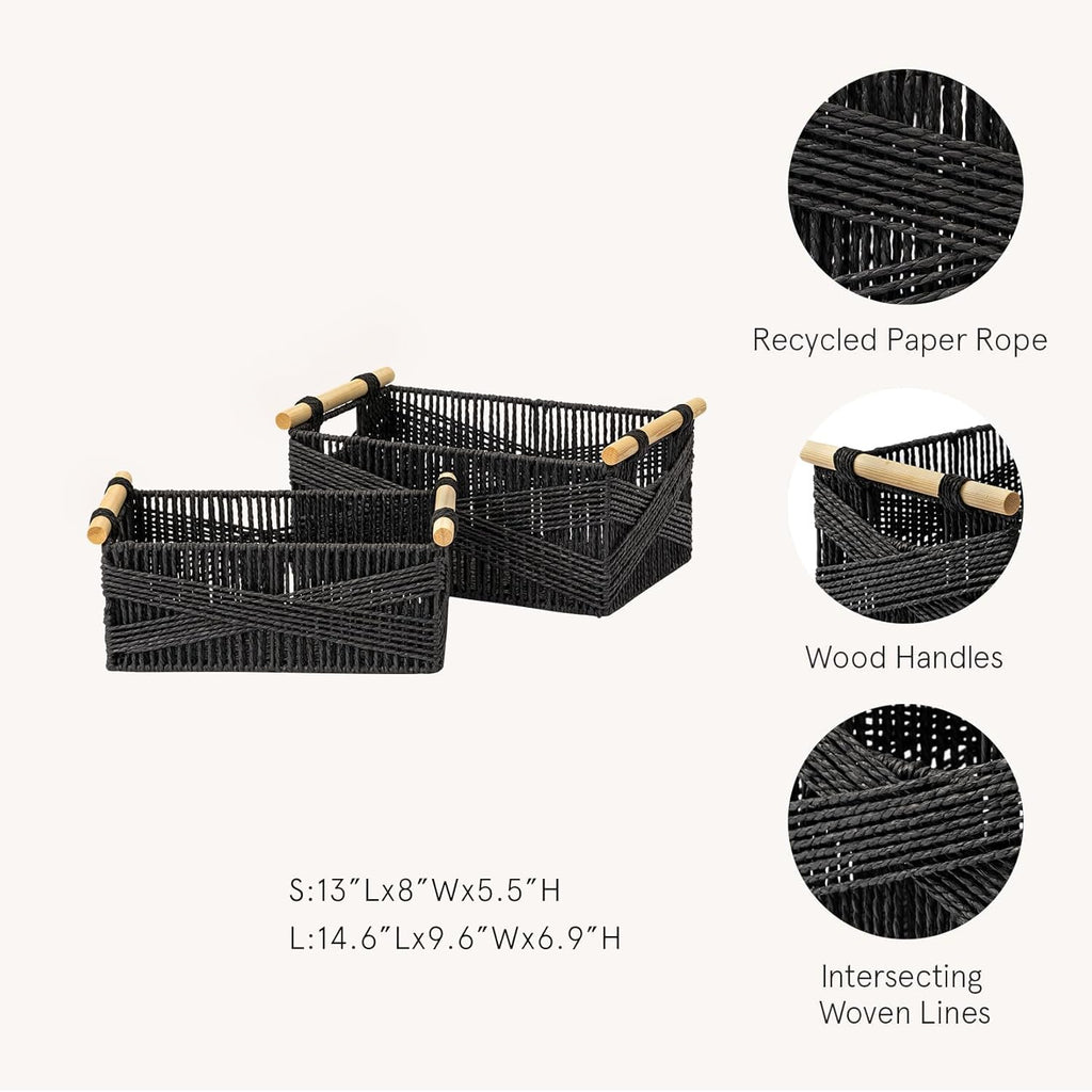 LA JOLIE MUSE Wicker Storage Baskets for Organizing, Recyclable Paper Rope Basket with Wood Handles, Decorative Hand Woven Basket Organizers for Makeup Books Shelves Living Room, Black, Set of 2
