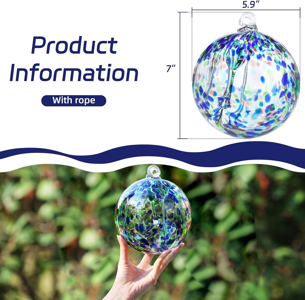VOREEN 6" Hanging Glass Garden Gazing Ball Hand Blown Glass Witch Ball Christmas Ornament Friendship Balls for Outdoor Garden Patio Window Home Décor Gift for Mom Wife Friend, Green Blue