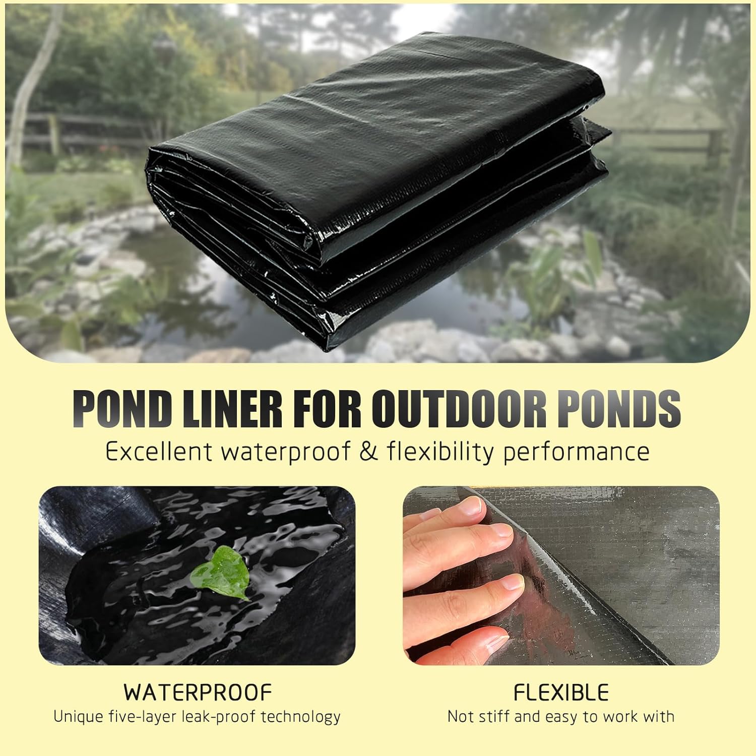 yeezoo 20x25FT Reinforced PE Pond Liner, KOI Pond Liners for Outdoor Ponds, Enhanced 5-Layer Structure Pond Liner for Fish, Duck, Garden Raised Bed and Waterscape Pond(0.82oz/sq ft Thickness)