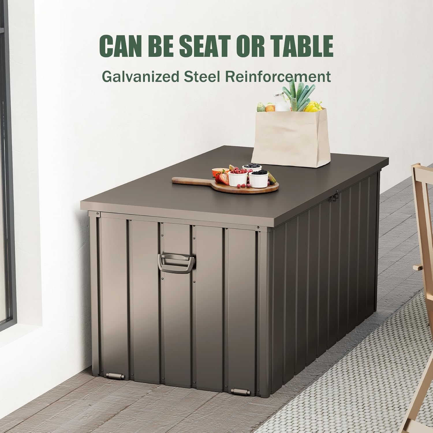 Domi Deck Box 150 Gallon, Waterproof Lockable Steel Outdoor Storage Container for Outside Cushions, Garden Tools and Pools Equipment, Brown