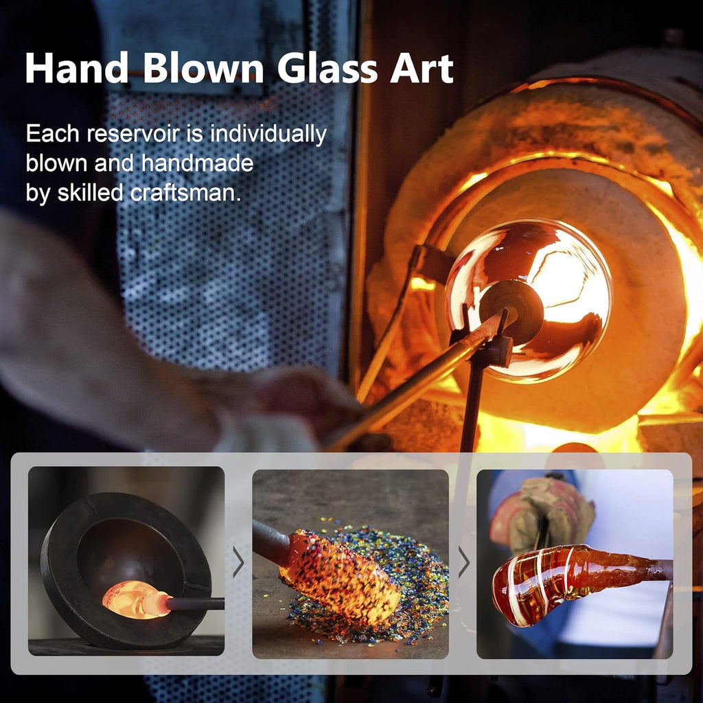 LUJII Hand Blown Glass Hummingbird Feeder for Outdoors Hanging with Ant Moat, 36 fl.oz, Leak Proof & Rustproof, Metal Base with 5 Feeding Ports & 5 Perches, Unique Garden & Backyard Decor (Ribbon)