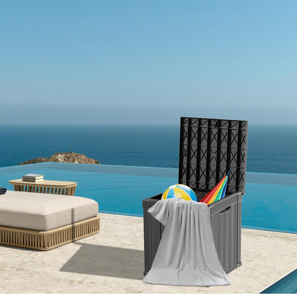 48 Gallon Outdoor Storage Box, Waterproof Resin Deck Box for Patio, Pool, and Garden, Lockable Bin for Cushions, Tools, and Accessories, UV-Resistant, Black