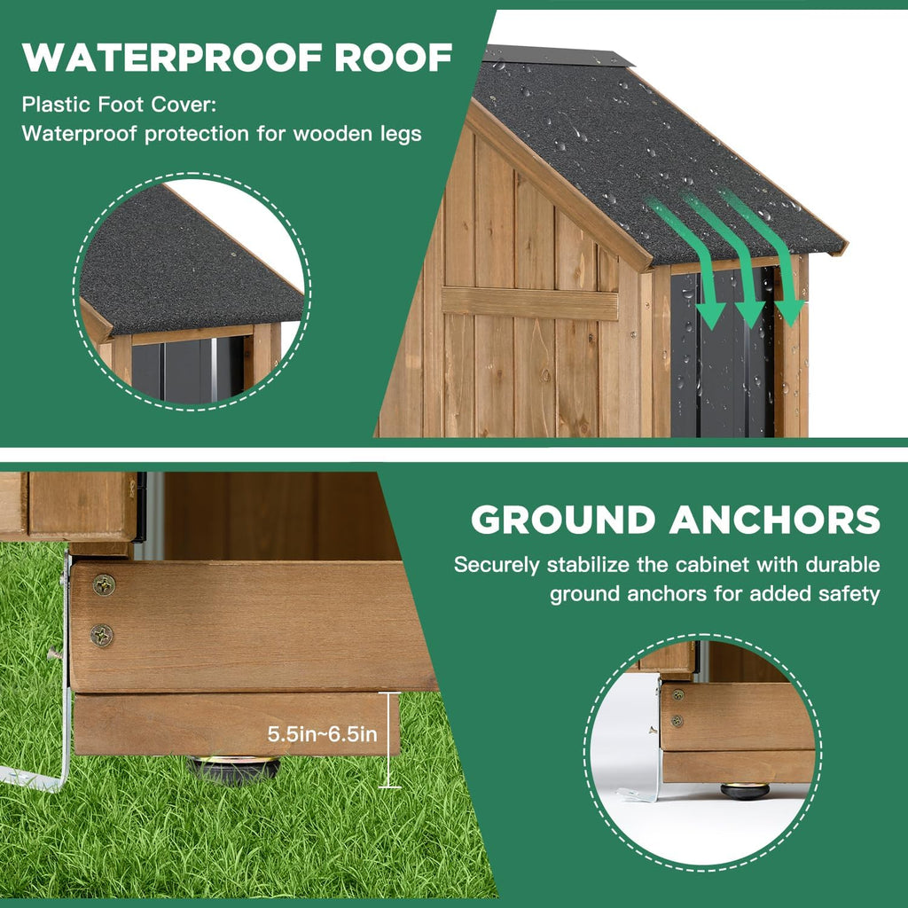 Outdoor Storage Cabinet, Wood & Metal Storage Shed with Weather-Resistant Roof, Adjustable Shelf, Lockable Doors & Adjustable Feet, for Garden, Patio, Backyard, 27.5" x 13" x 67" (Brown+Black)