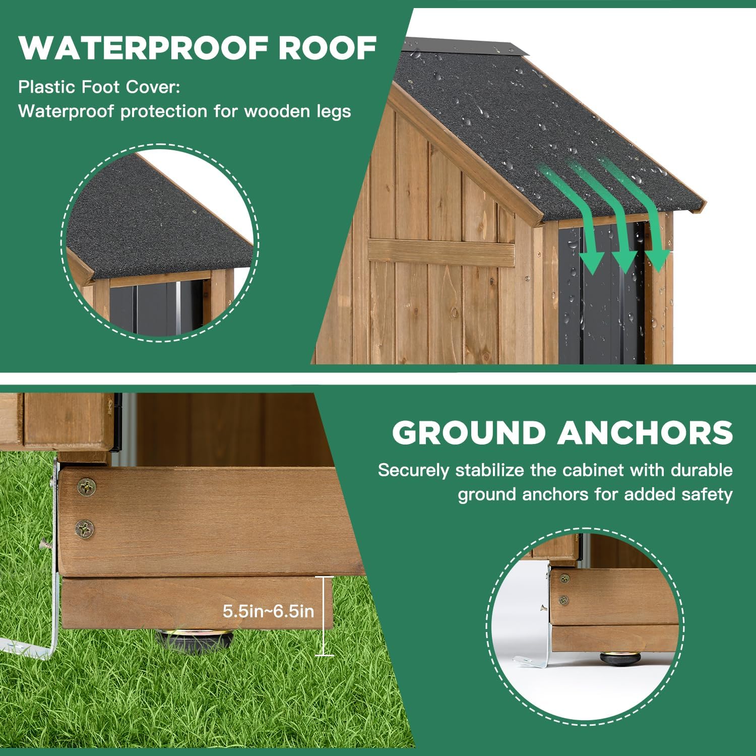 Outdoor Storage Cabinet, Wood & Metal Storage Shed with Weather-Resistant Roof, Adjustable Shelf, Lockable Doors & Adjustable Feet, for Garden, Patio, Backyard, 27.5" x 13" x 67" (Brown+Black)