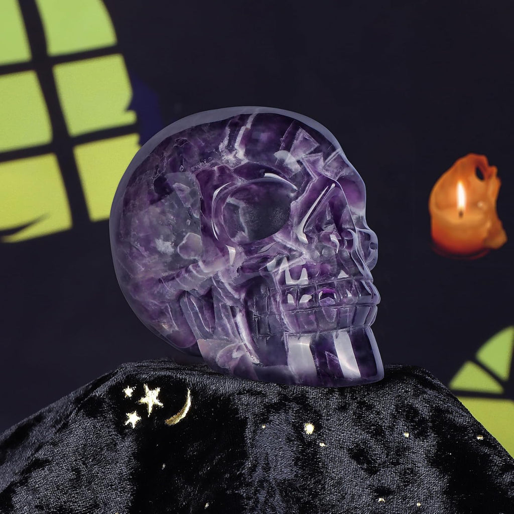 Amethyst Crystal Skull Head Figurine Hand Carved Large Quartz Gemstone Skull Statue Sculpture Decor for Day of The Dead Halloween(3 Inches)