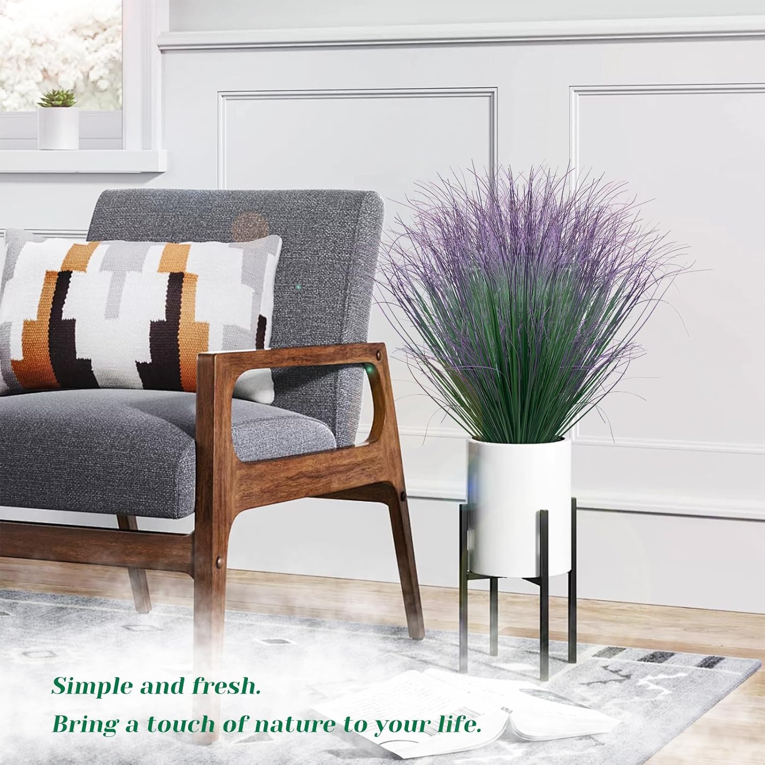 36Pcs Artificial Grass Plants, Faux Shrubs Wheat Grass, Artificial Tall Grass Fake Plants for Outdoor Decor,Artificial Greenery Stems Weed for Room Indoor Home Decor（Green Purple Tail）