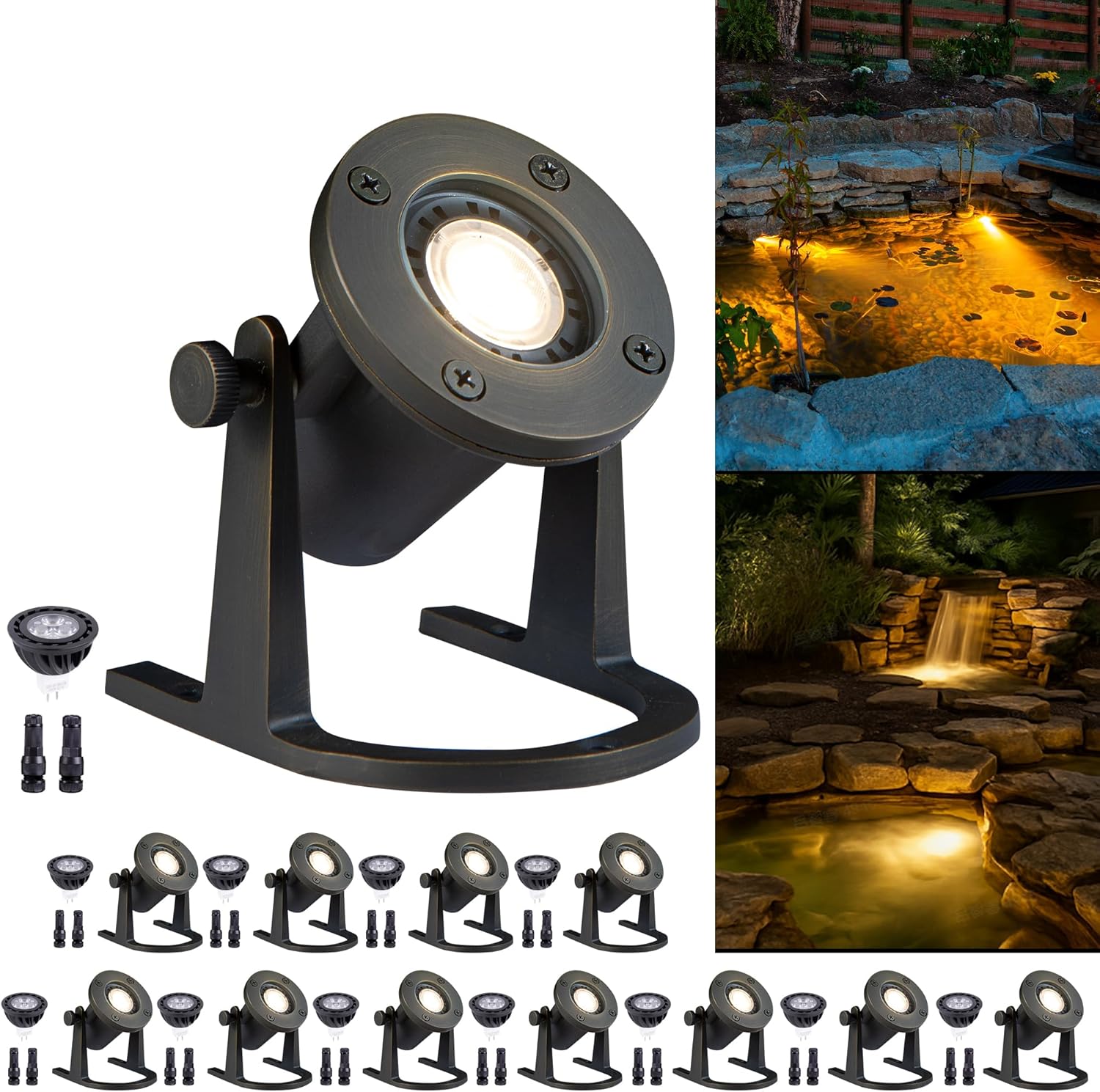 Solid Brass Underwater Pond Light - 12V Low Voltage IP68 Submersible Bronze Fixture, with 4000K MR16 LED for Outdoor Pond Fountain Waterfall Landscape Lighting(12 Pack)