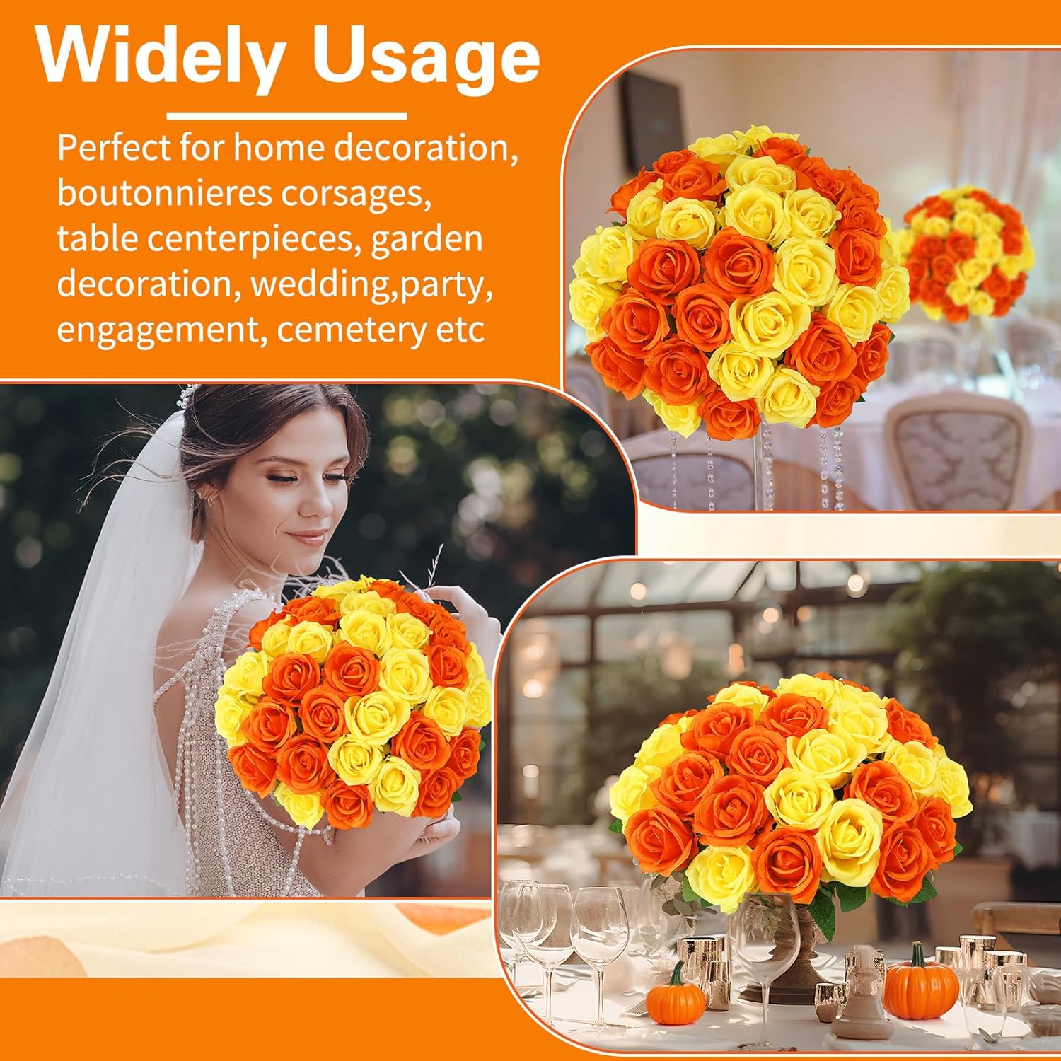 36 Pcs Yellow, Orange Artificial Roses with Long Stems, Purple Fake Silk Rose Artificial Flowers Bulk for Bridal Wedding Bouquet Centerpiece Ball Arrangement Party Decor