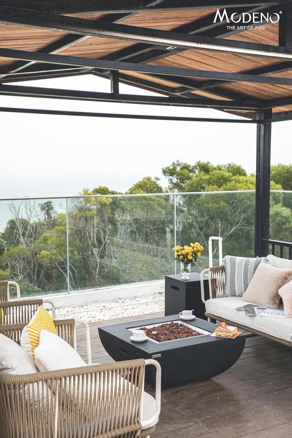 AMS Fireplace | Modeno | Aurora | Firepit Table | Cover and Lava Rocks Included | (Fuel: Liquid Propane - Black)