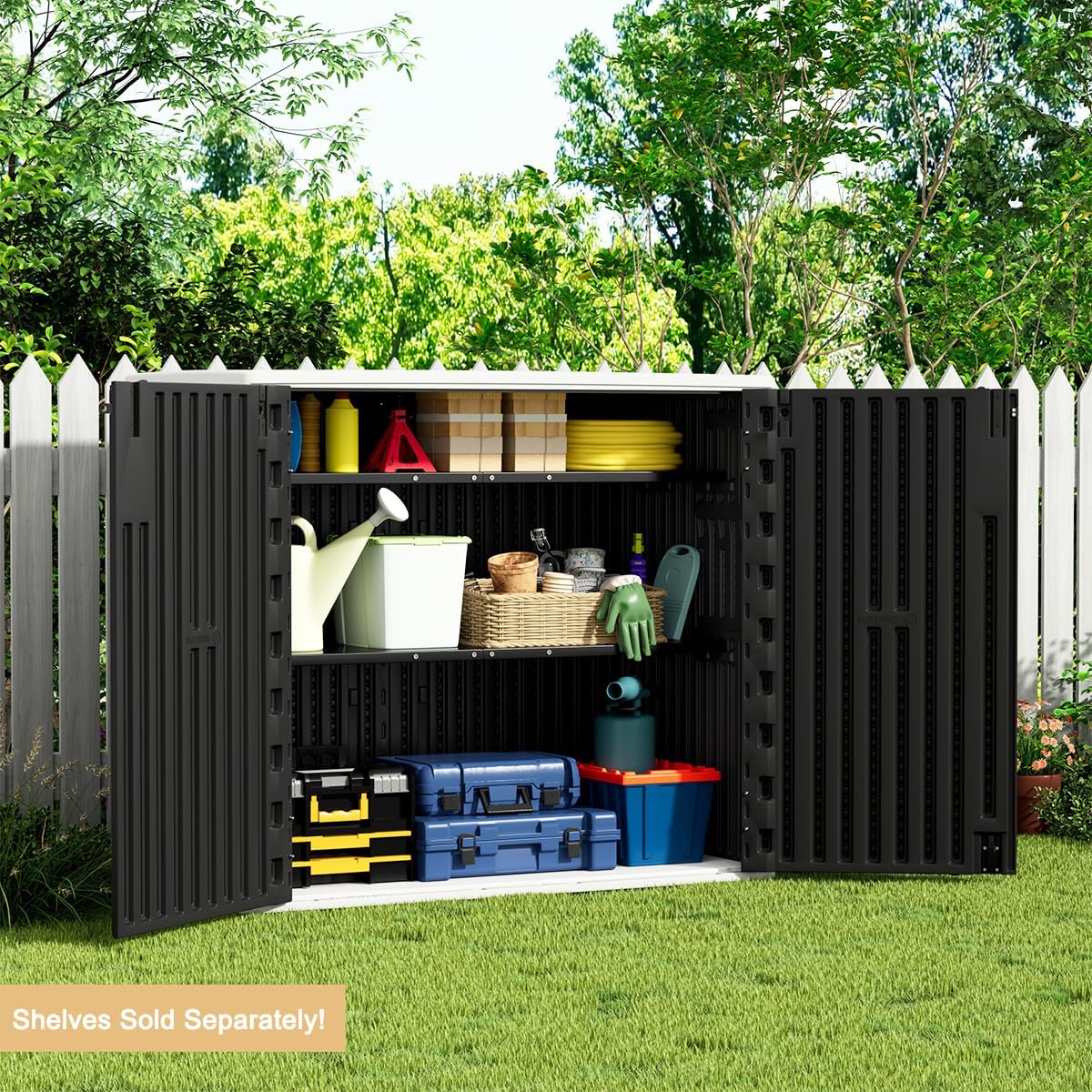 KINYING Outdoor Horizontal Storage Sheds,37 Cu.ft Outdoor Storage Cabinet Waterproof Resin Tool Storage Box for Lawn Mower,Garden Tools and Patio Furniture, Lockable (Black)