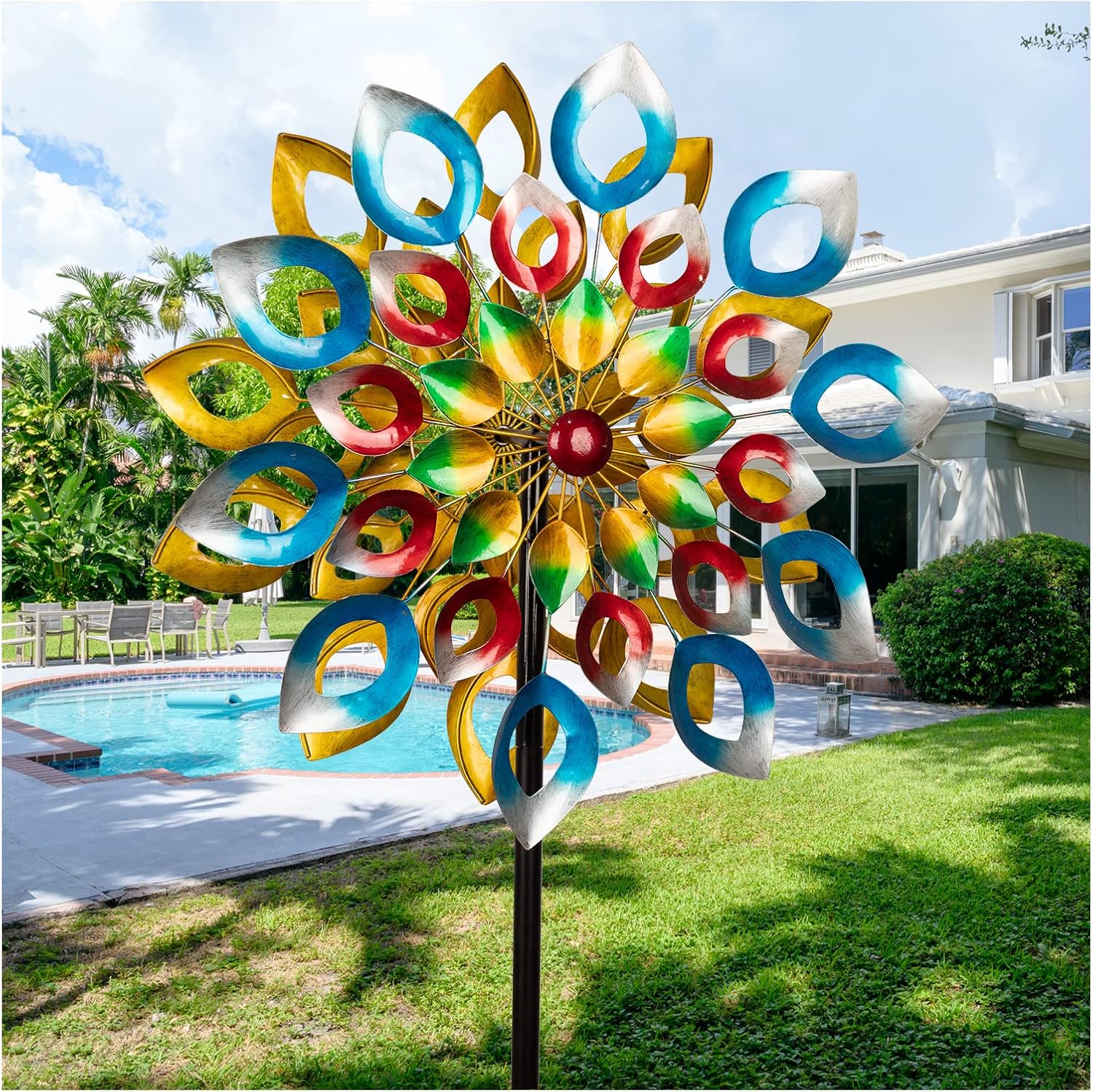 Yard Garden Wind Spinners with Stake - Large Outdoor Metal Wind Spinners, Lawn Yard Art Garden Decor (24" W x 84" H)
