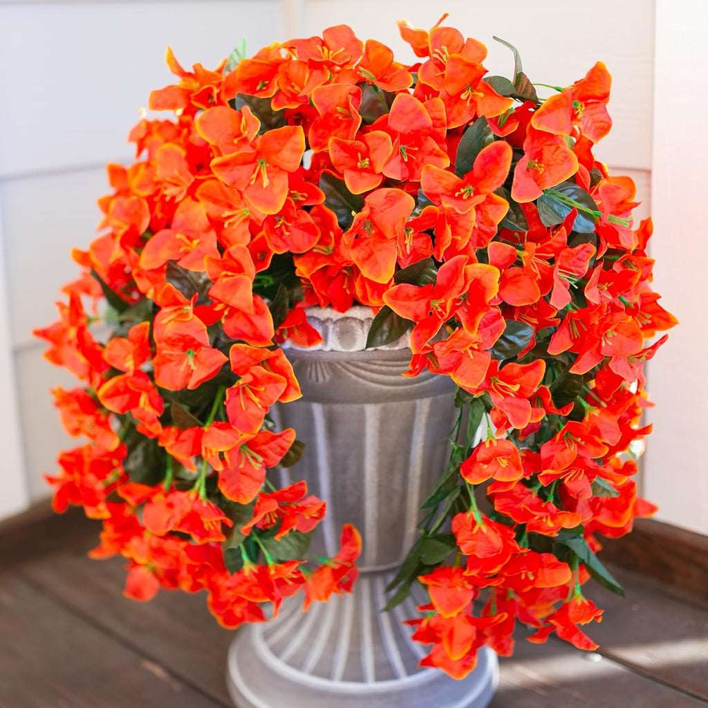 Bougainvillea Artificial Fall Hanging Flowers Plants for Outdoors Autumn Decoration, 2pcs Faux Bougainvillea Vines Orange Fake Flowers Realistic UV Resistant Silk Flowers for Outside Planter Yard Home