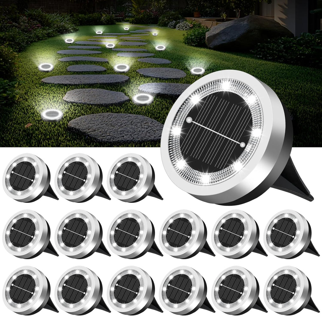 Mini Solar Ground Lights 16 Pack Outdoor IP65 Waterproof Solar Flat Garden Light Solor Powered Disc Pathway Lights for Outside Walkway Yard Landscape Patio Lawn Driveway-Cool White