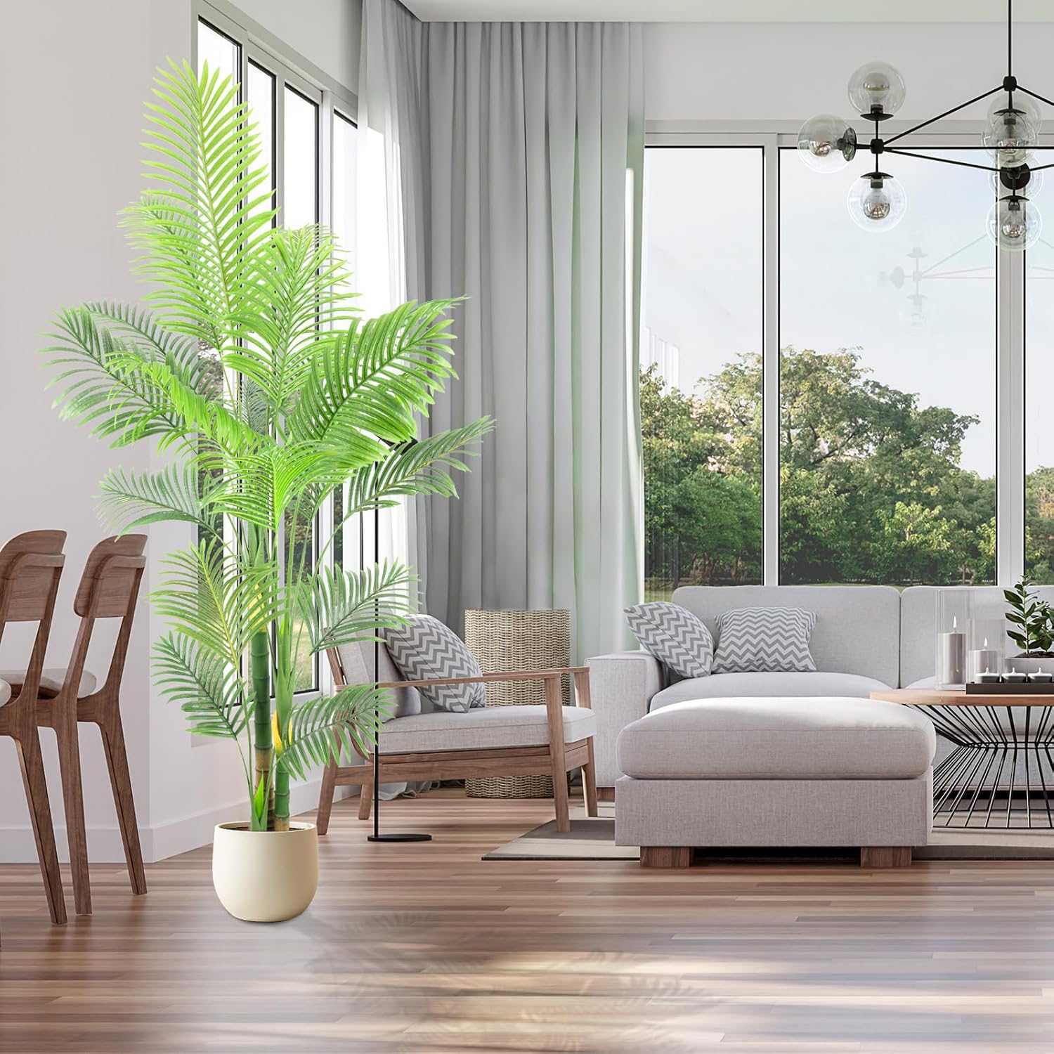 Artificial Fake Palm Tree 7FT 1Pack with White Planter & Free Moss, UV Resistant Artificial Palm Tree for Outdoors, Fake Plants for Poolside Home Room Decor, Faux Plants Outdoor Decor