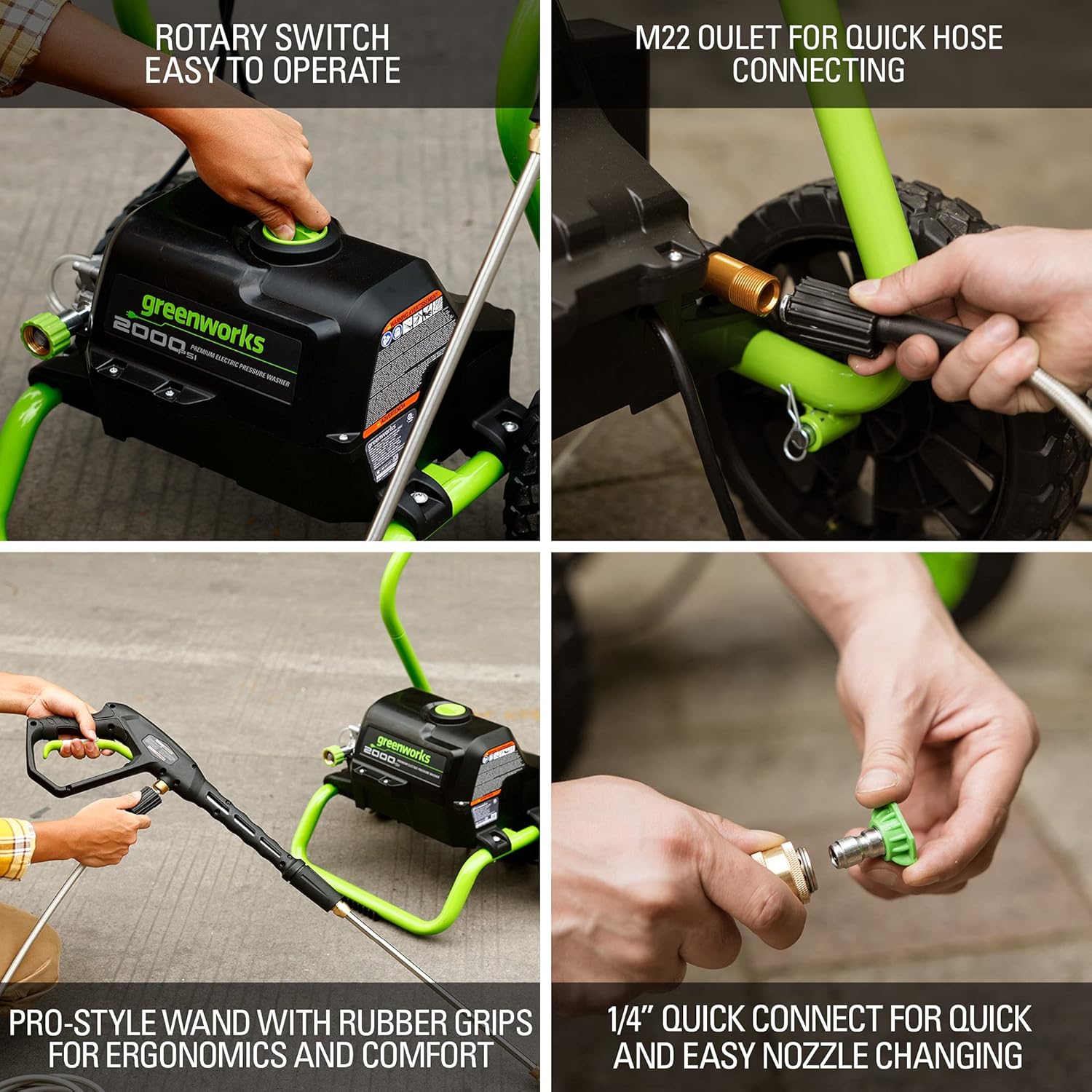 Greenworks 2000 PSI (13 Amp) Electric Pressure Washer (Wheels For Transport / 20 FT Hose / 35 FT Power Cord) Great For Cars, Fences, Patios, Driveways