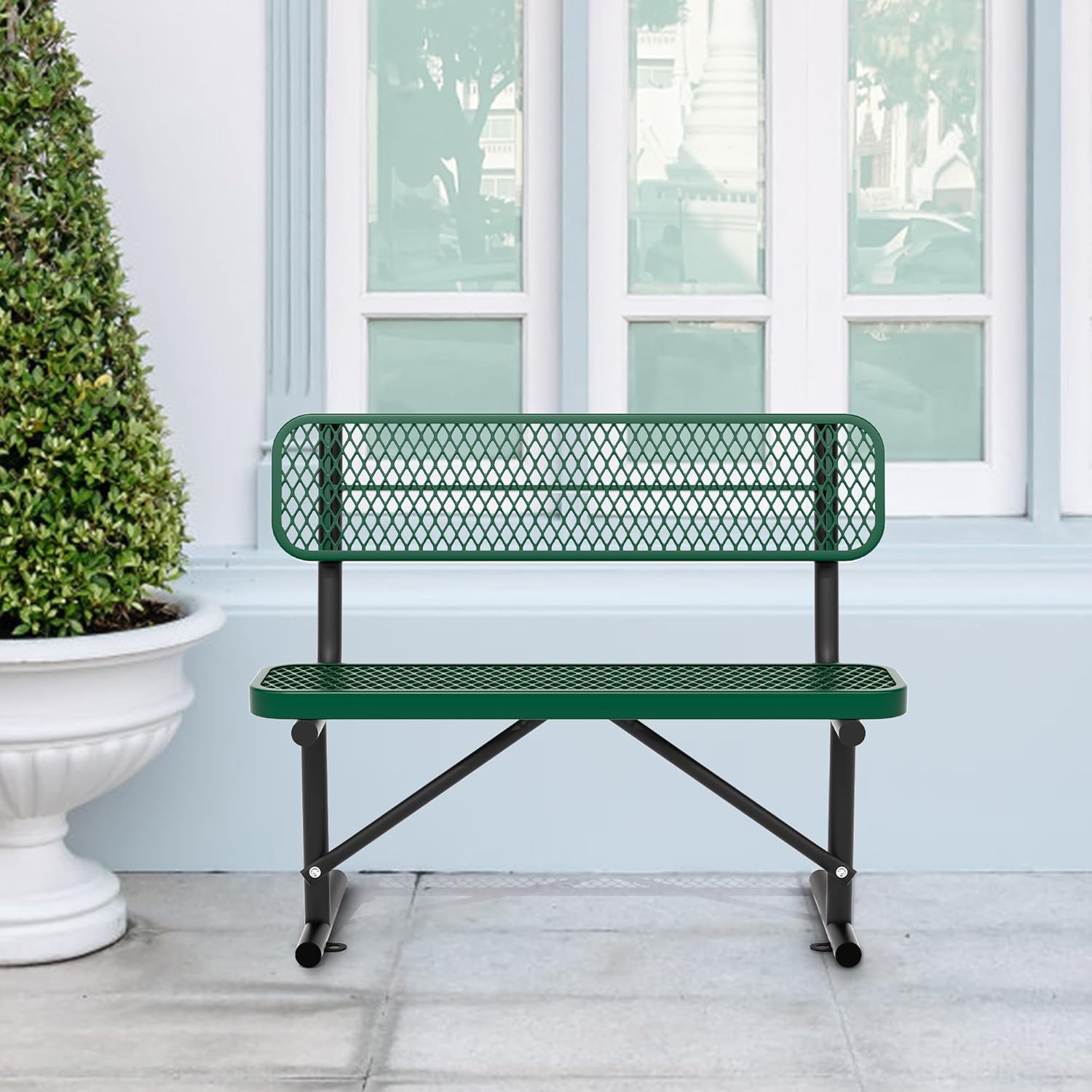 4 Feet Heavy Duty Metal Park Bench for Outside, Outdoor Bench with Backrest & Portable Frame, Commercial Benches for Shopping Malls, Stores, Parks, Patios, Decks, Green