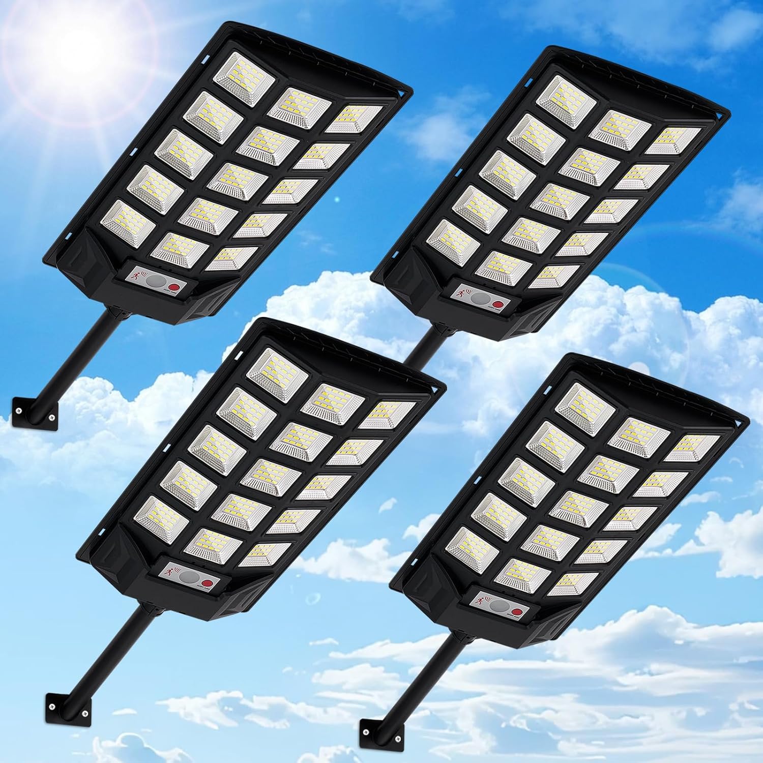 Solar Lights Outdoor,IP66 Waterproof Solar Street Lights with Motion Sensor & Remote,6500K Dusk to Dawn Flood Light for Parking Lot/Yard/Garden (4 Pack)