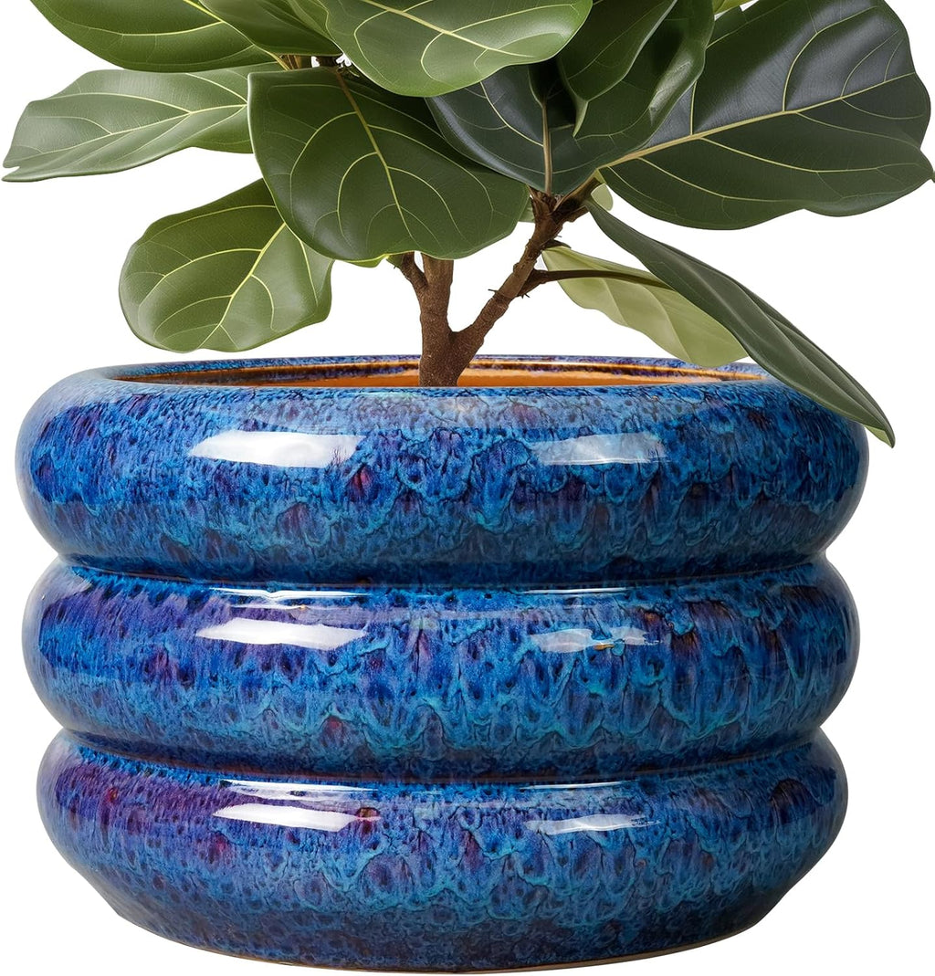 SQOWL Ceramic Pot for Plants 13.5 Inch - Outdoor Planter Large Plant Pot Indoor with Drainage Hole Round Flower Pot Mid-Century Planter for Patio Outdoor Decor Blue