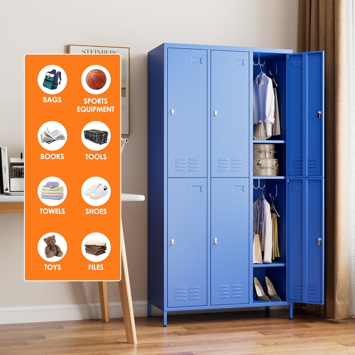 METAN Metal Locker for School Office Gym Bedroom,6 Doors Steel Storage Lockers Cabinet for Employees,Industrial Storage with 1 Shelf,Assembly Required,Blue