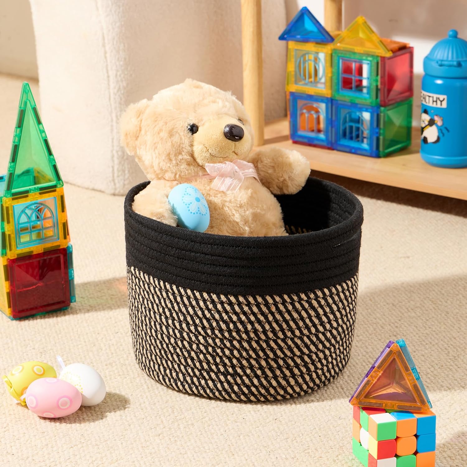 Small Basket for Organizing | Cube Shelf Closet Storage Baskets | 9.7×9.7×7.1” | Woven Rope Gift Basket | Nursery | Round 3 Packs Black Brown