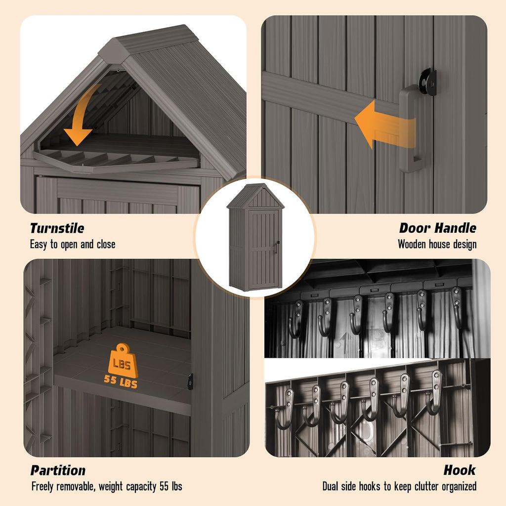 Shed Outdoor Storage Shed with Sloping Roof and Lockable Door, Resin Outdoor Storage Box Cabinet Waterproof and Multiple Hooks for Backyard, Patio, Poolside, Grey