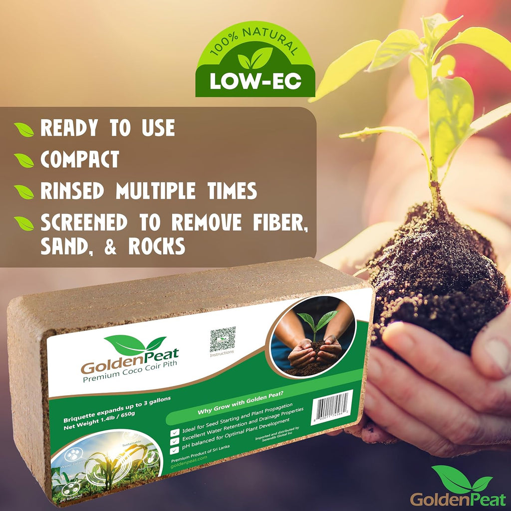 Organic Coconut Peat Bricks (650g X 16 Pack) – Low EC, Sustainable Growing Medium for Gardens, pots, and Seed Starters. Just add Water to Transform Each Brick into 8-10L of Fluffy Nutrient-Rich Coir