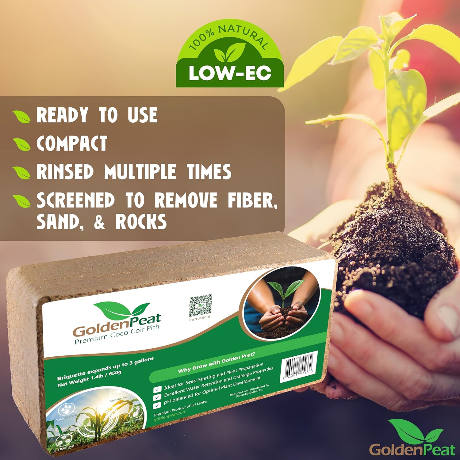 Organic Coconut Peat Bricks (650g X 24 Pack) – Low EC, Sustainable Growing Medium for Gardens, pots, and Seed Starters. Just add Water to Transform Each Brick into 8-10L of Fluffy Nutrient-Rich Coir