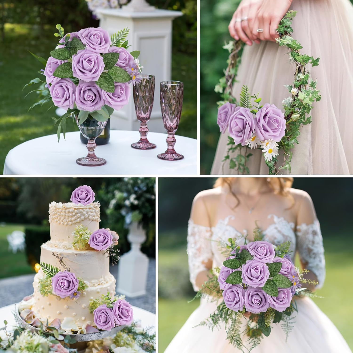 AmyHomie 25pcs Real Looking Artificial Lavender Roses w/Stem for DIY Wedding Bouquets Centerpieces Arrangements Party Baby Shower Home Decorations