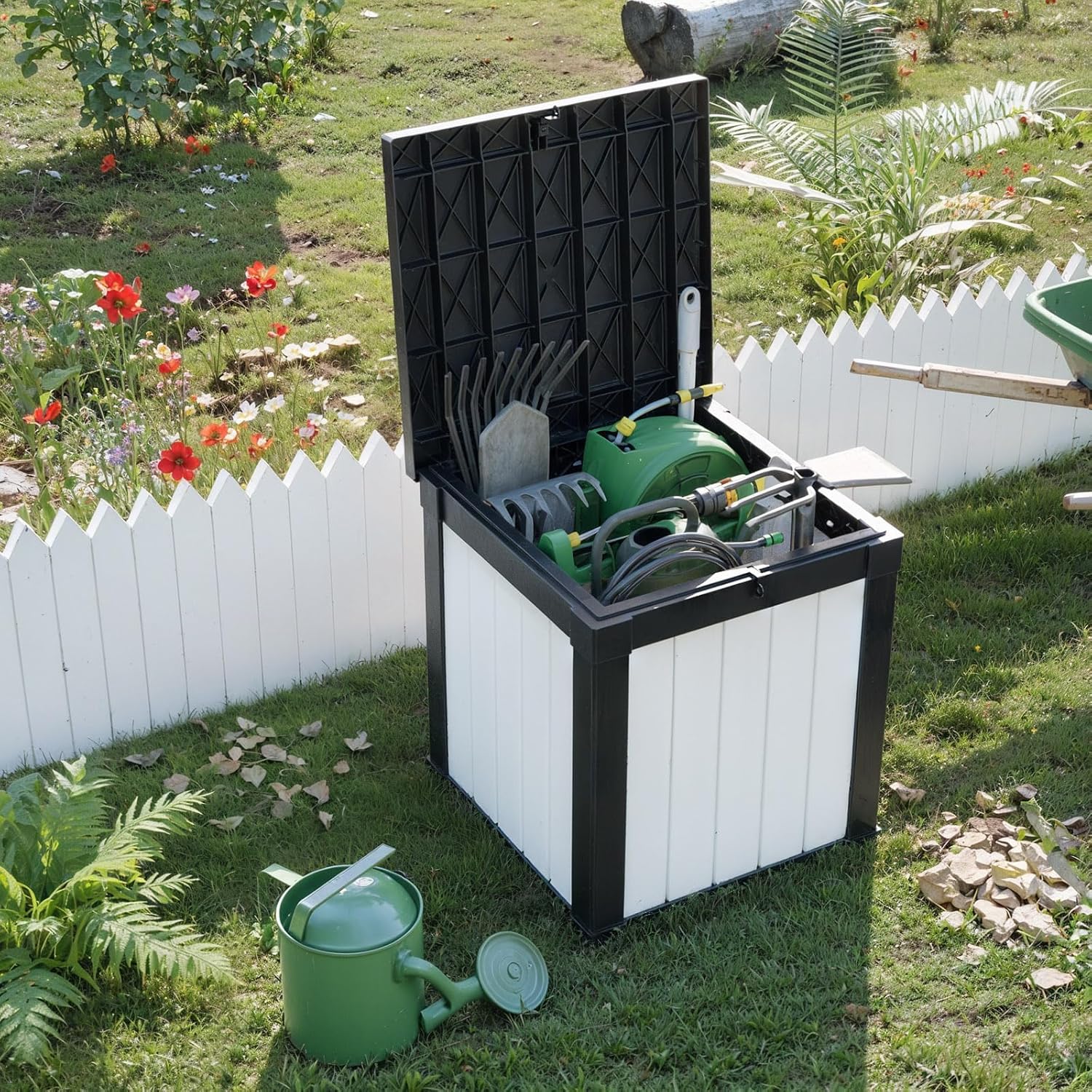 50 Gallon Outdoor Deck Box,Storage Lockable Waterproof Patio Furniture,Garden Tools,Cushions,Pool Accessories Outside Storage Resin Box(Black&White)