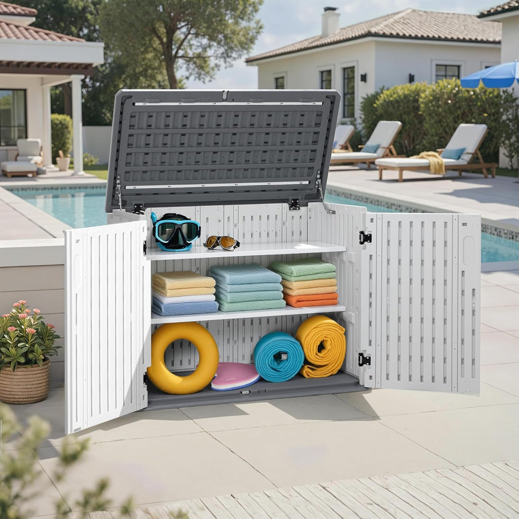 Macrout 25 Cu.Ft Small Plastic Outdoor Storage Cabinet with Shelves, 4.3 x 2.5 ft Waterproof Resin Outdoor Storage Shed with Floor, Lockable Horizontal Shed for Garden and Patio