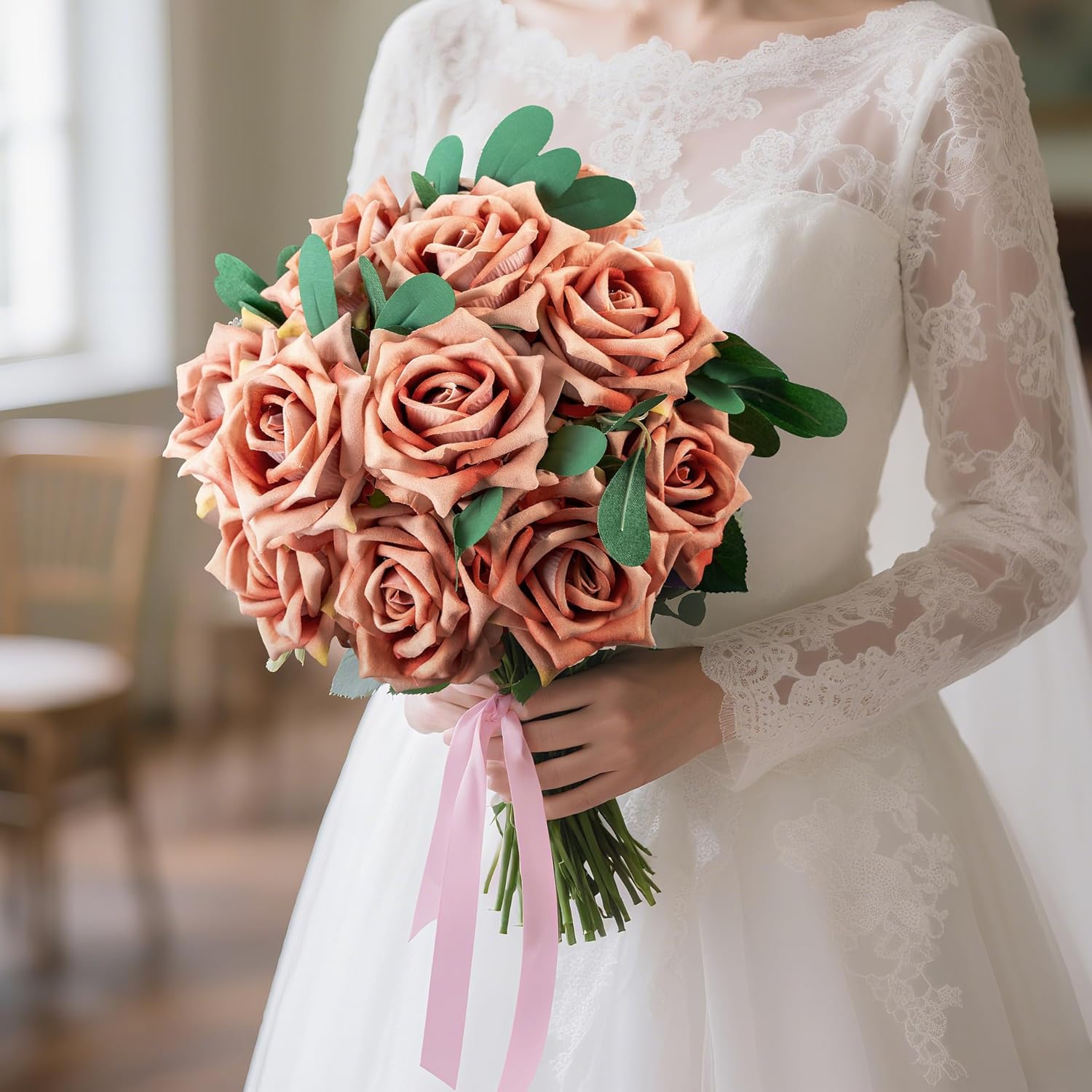 Fake Roses Faux Flowers Silk Roses 16.5In Artificial Roses with Stems Realistic Artificial Flowers Suitable for Indoor Home Decoration Diy Bouquet Wedding Decoration Party Decor 12PCS Khaki